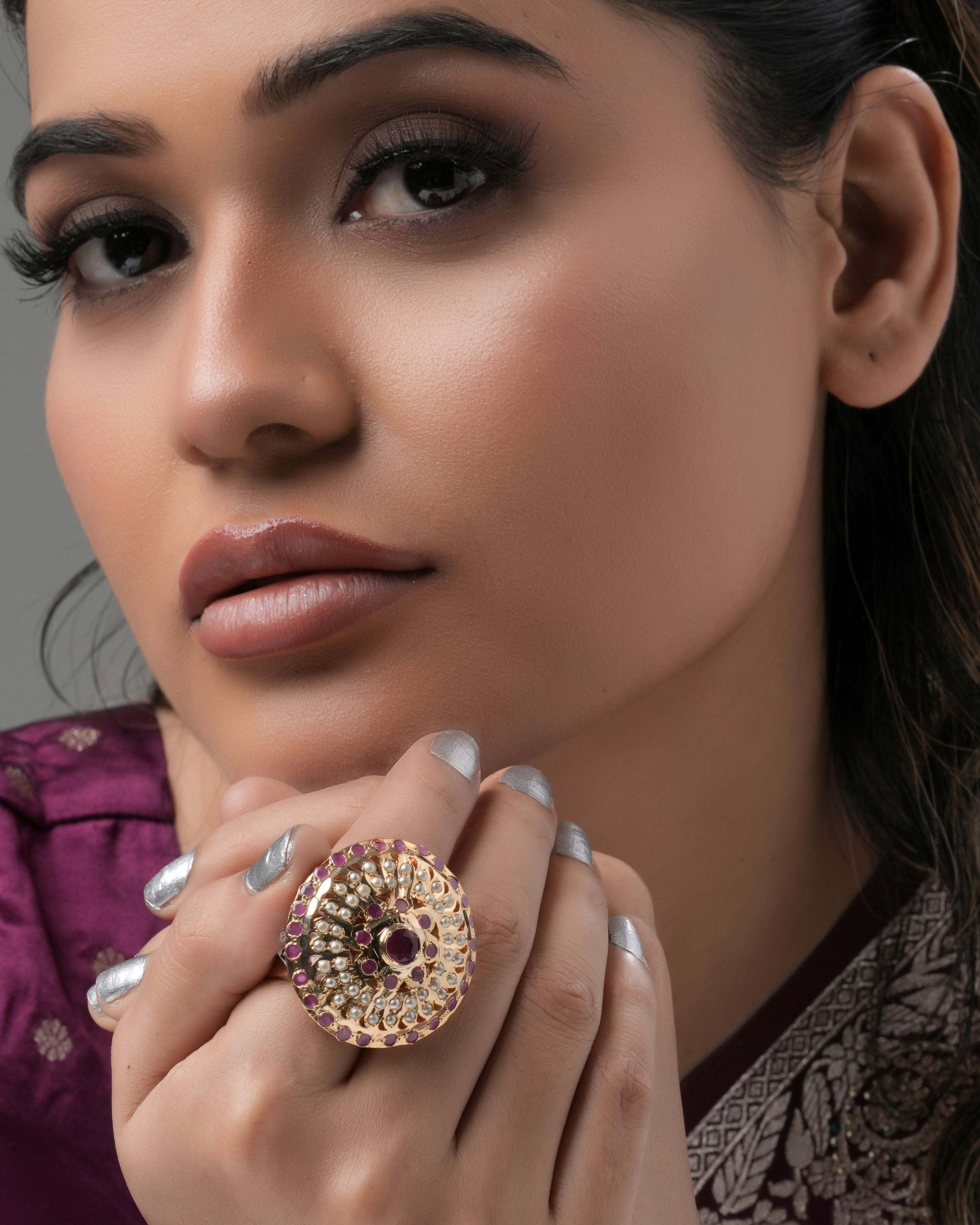 Mataari Rings Ruby Pearl Majesty Adjustable Statement Ring