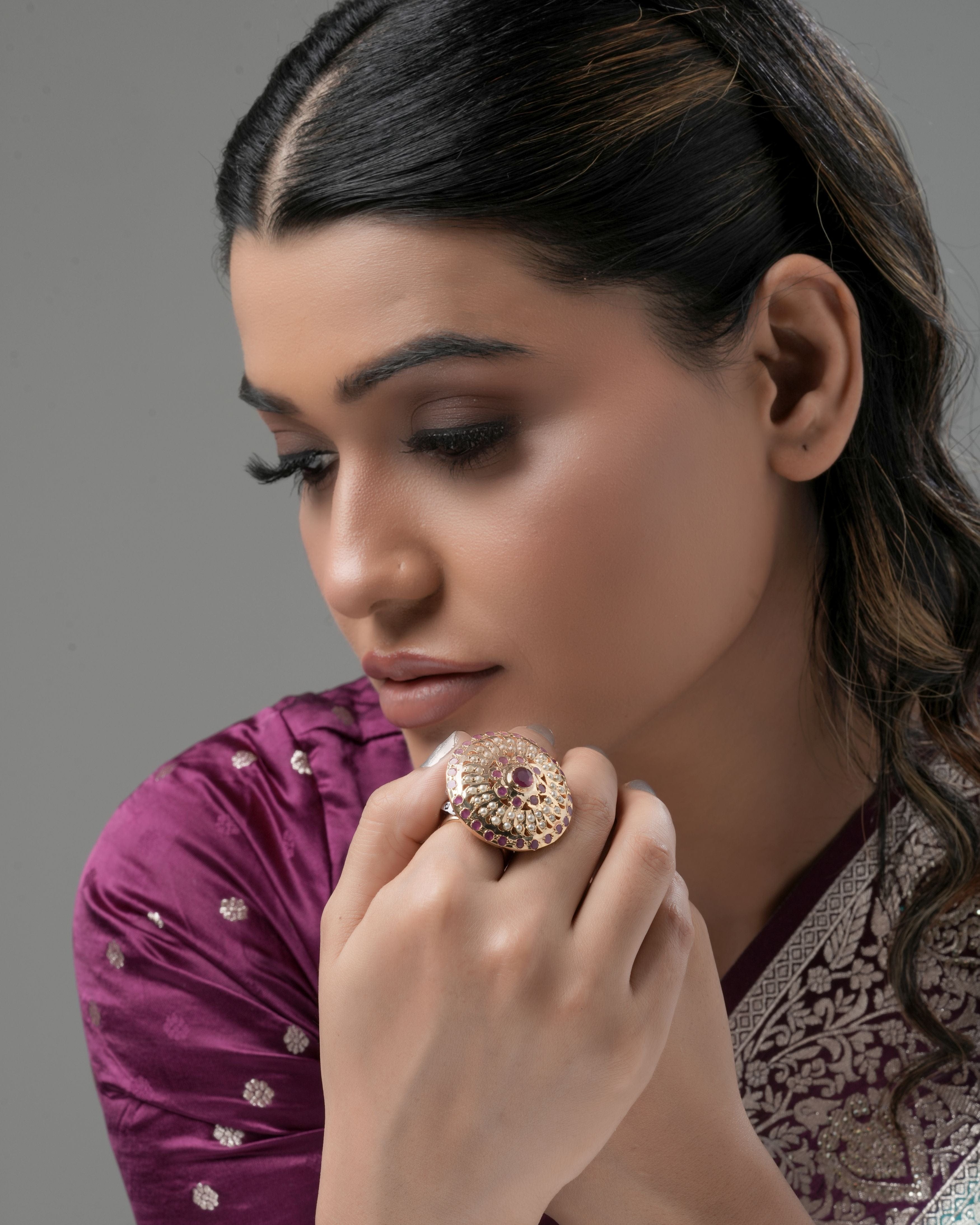 Mataari Rings Ruby Pearl Majesty Adjustable Statement Ring