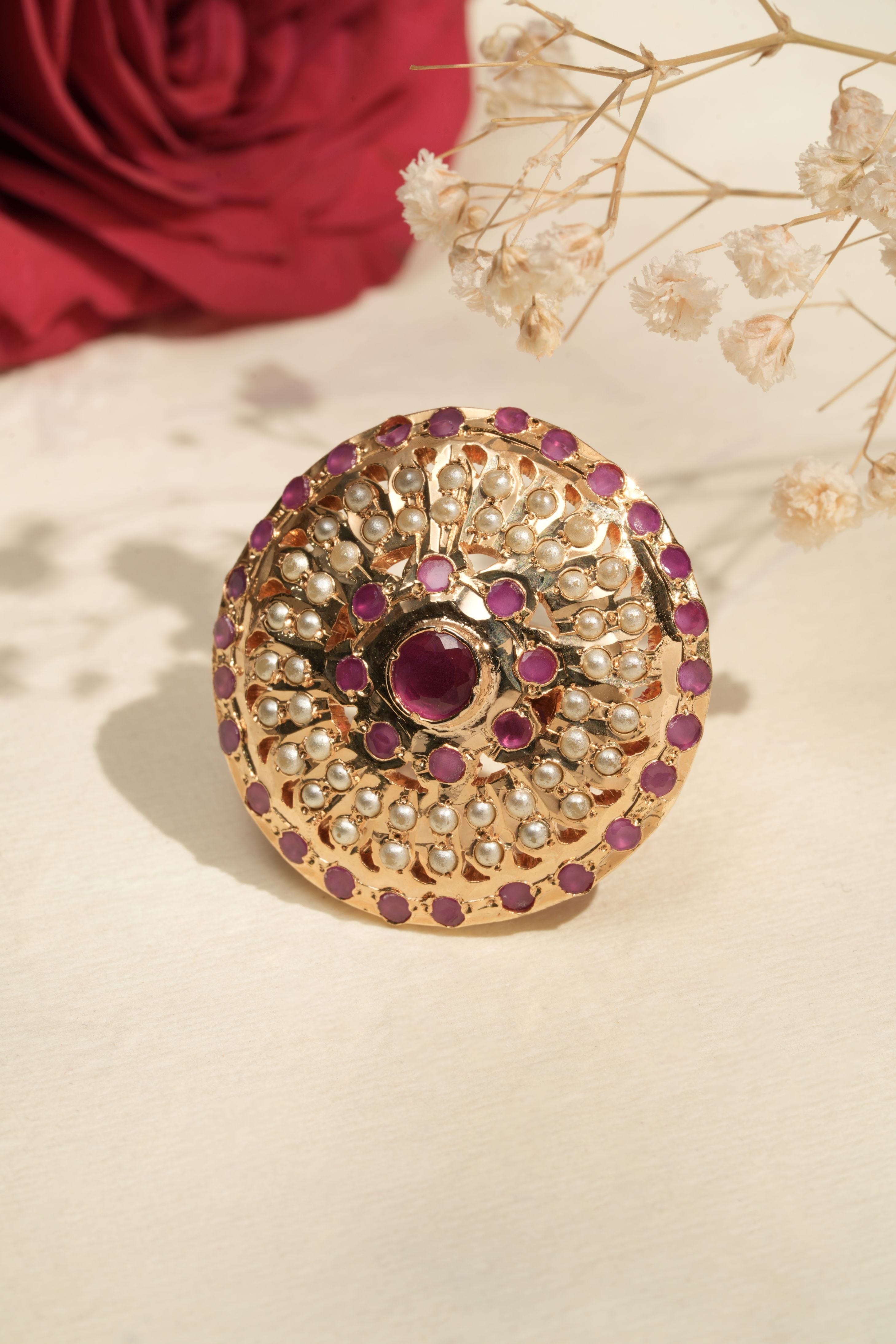 Mataari Rings Ruby Pearl Majesty Adjustable Statement Ring