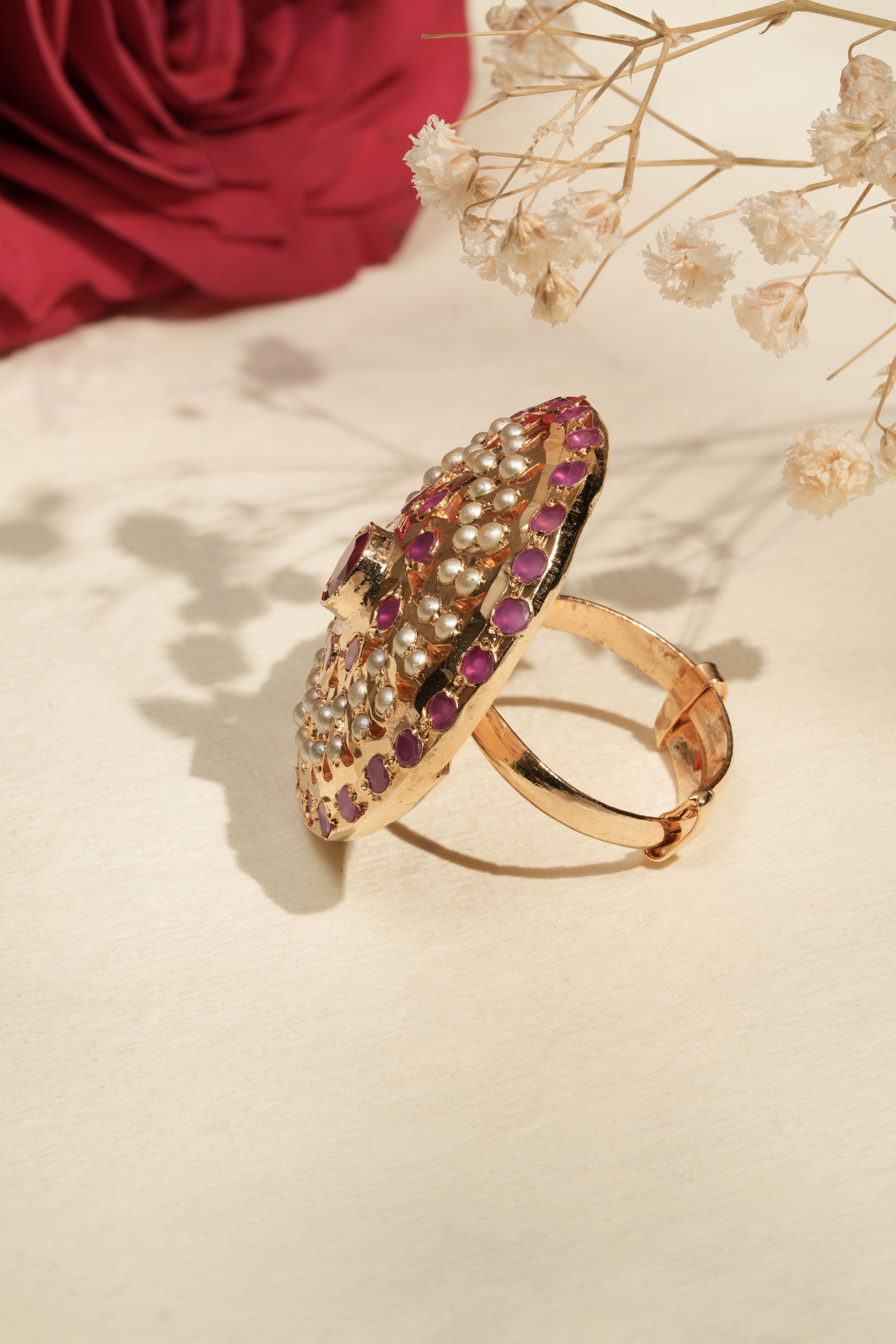 Mataari Rings Ruby Pearl Majesty Adjustable Statement Ring