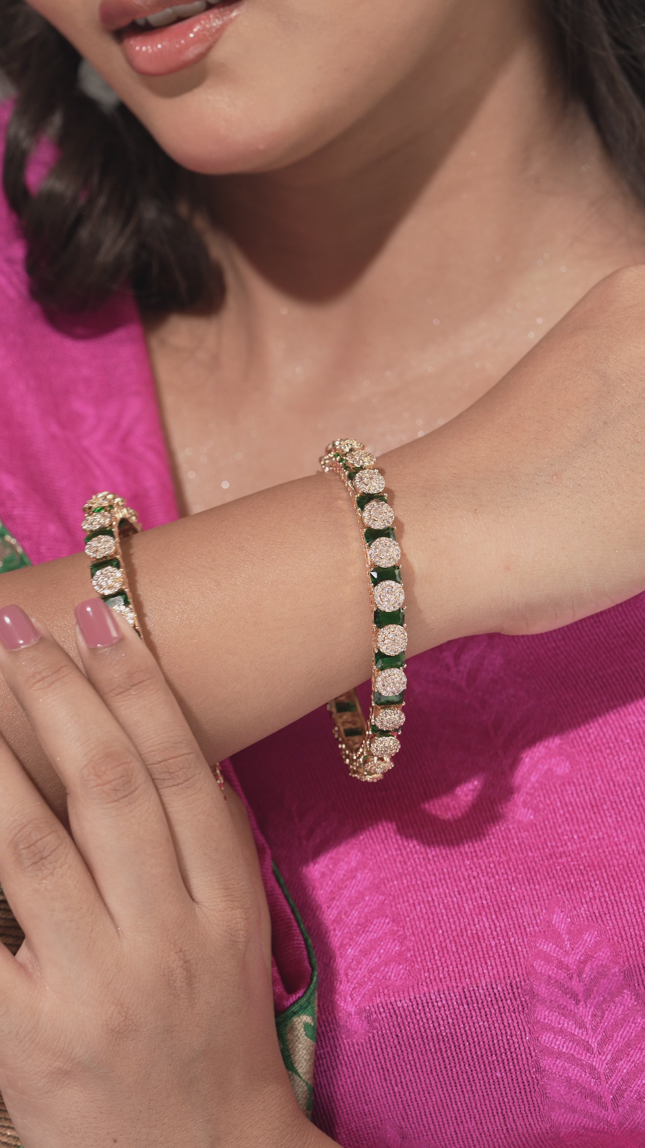 Elegant Gold-Plated Pacheli Bangles with Green Stone & CZ Detailing