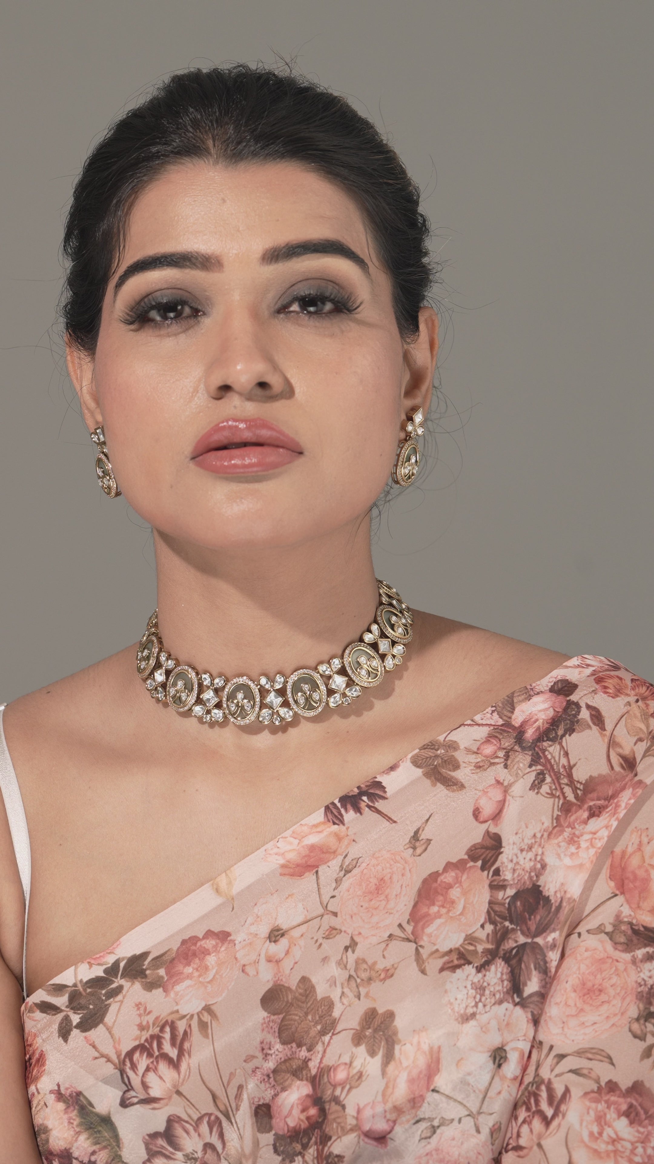 Pistachio Bloom – 3D KUNDAN & CZ Choker Necklace