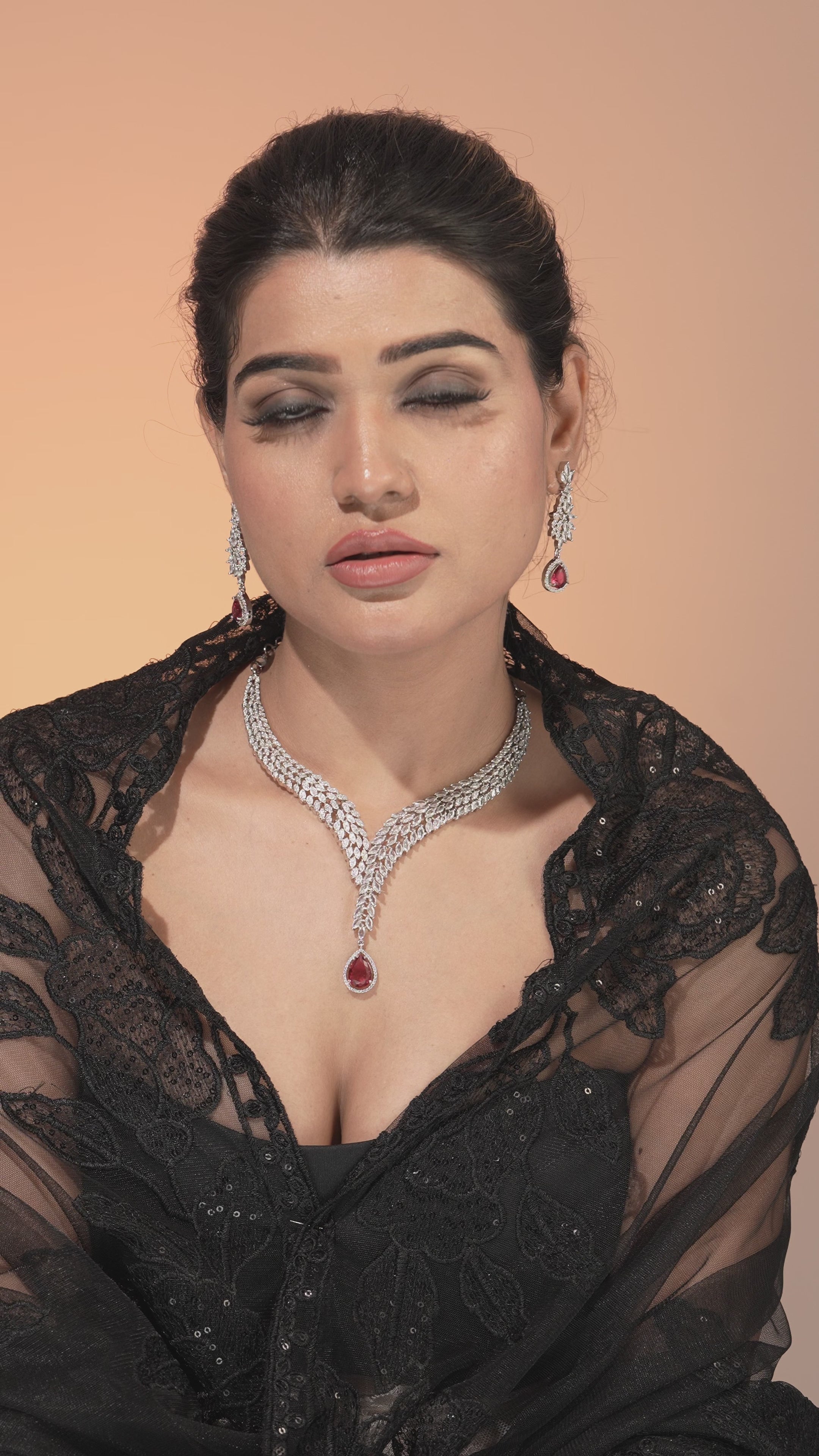 Silver-Plated Crystal Necklace & Earring Set with Ruby Red Drop