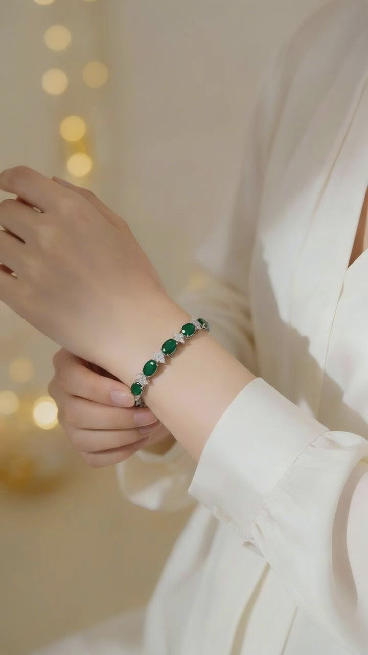 Oval Emerald Silver Plated Cubic Zirconia Bracelet