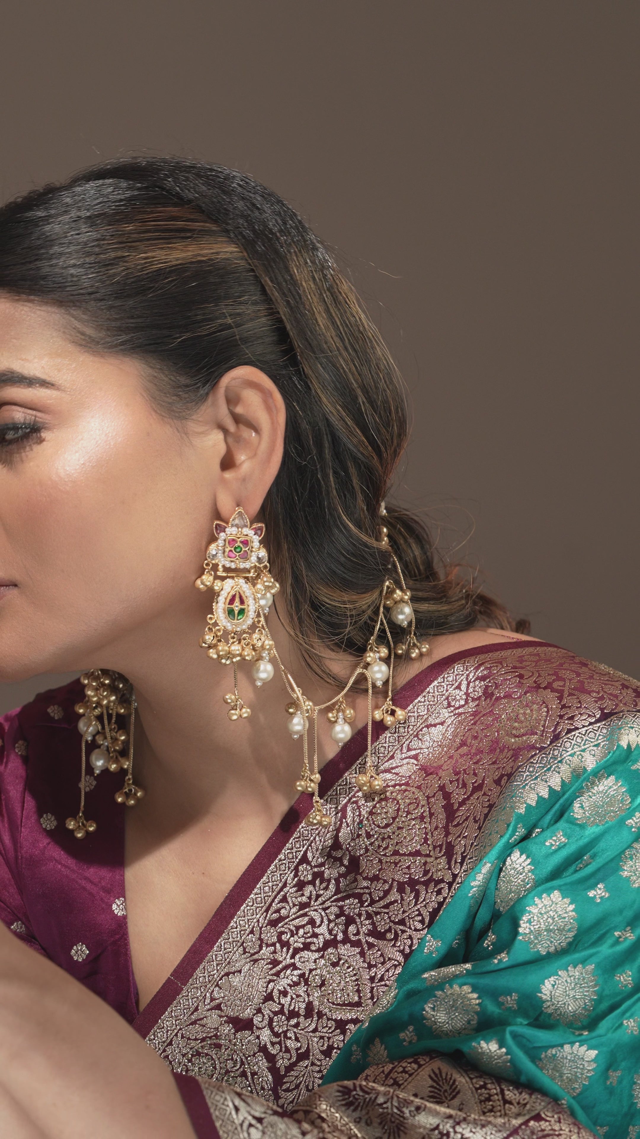 Handmade Gold-Plated Temple Ear Tops with Chain – Multicolor Stone & Pearl Detailing