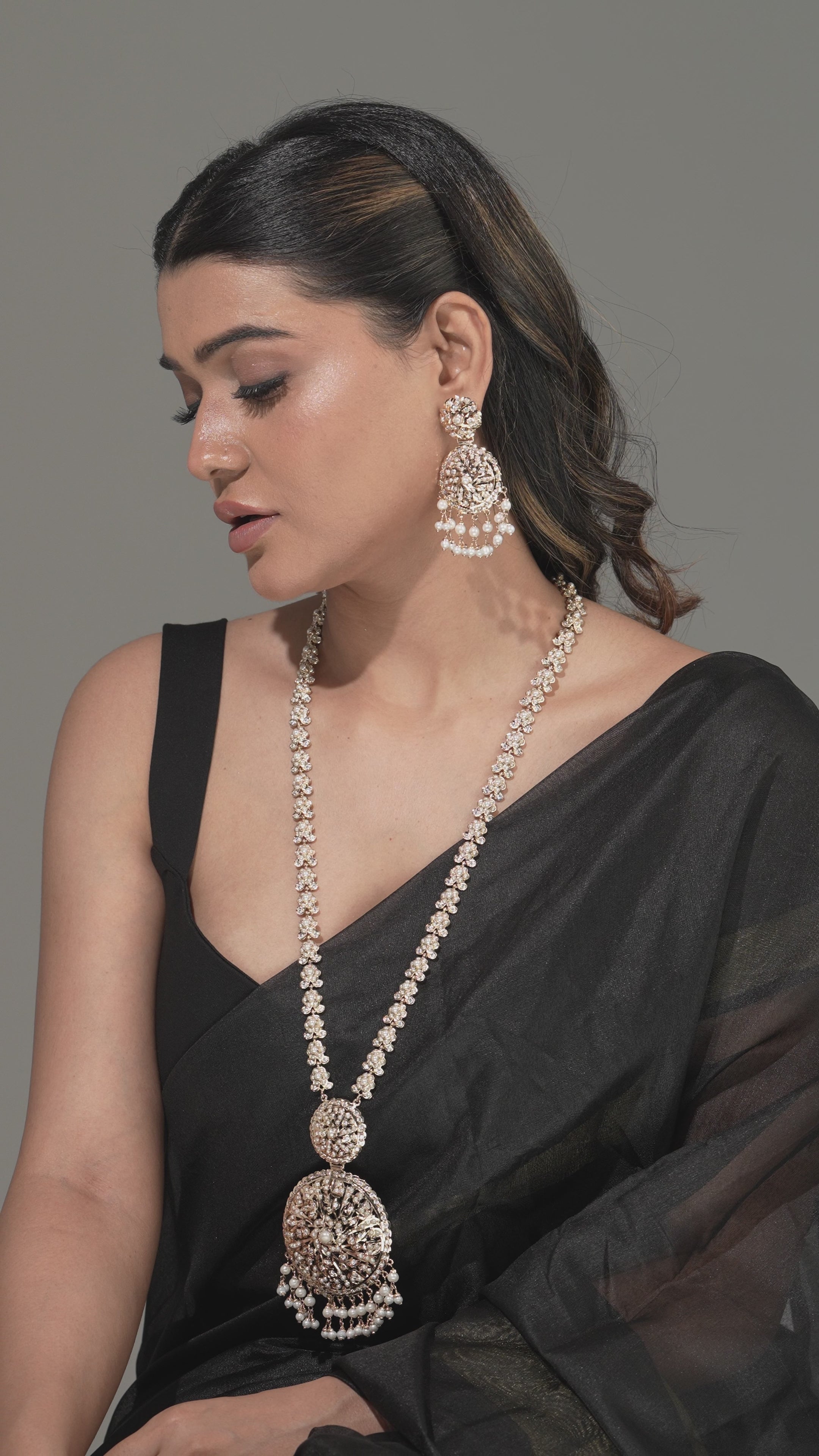 Eternal Grace Filigree Pearl Long Jadau Necklace & Earrings Set , 100% Handmade