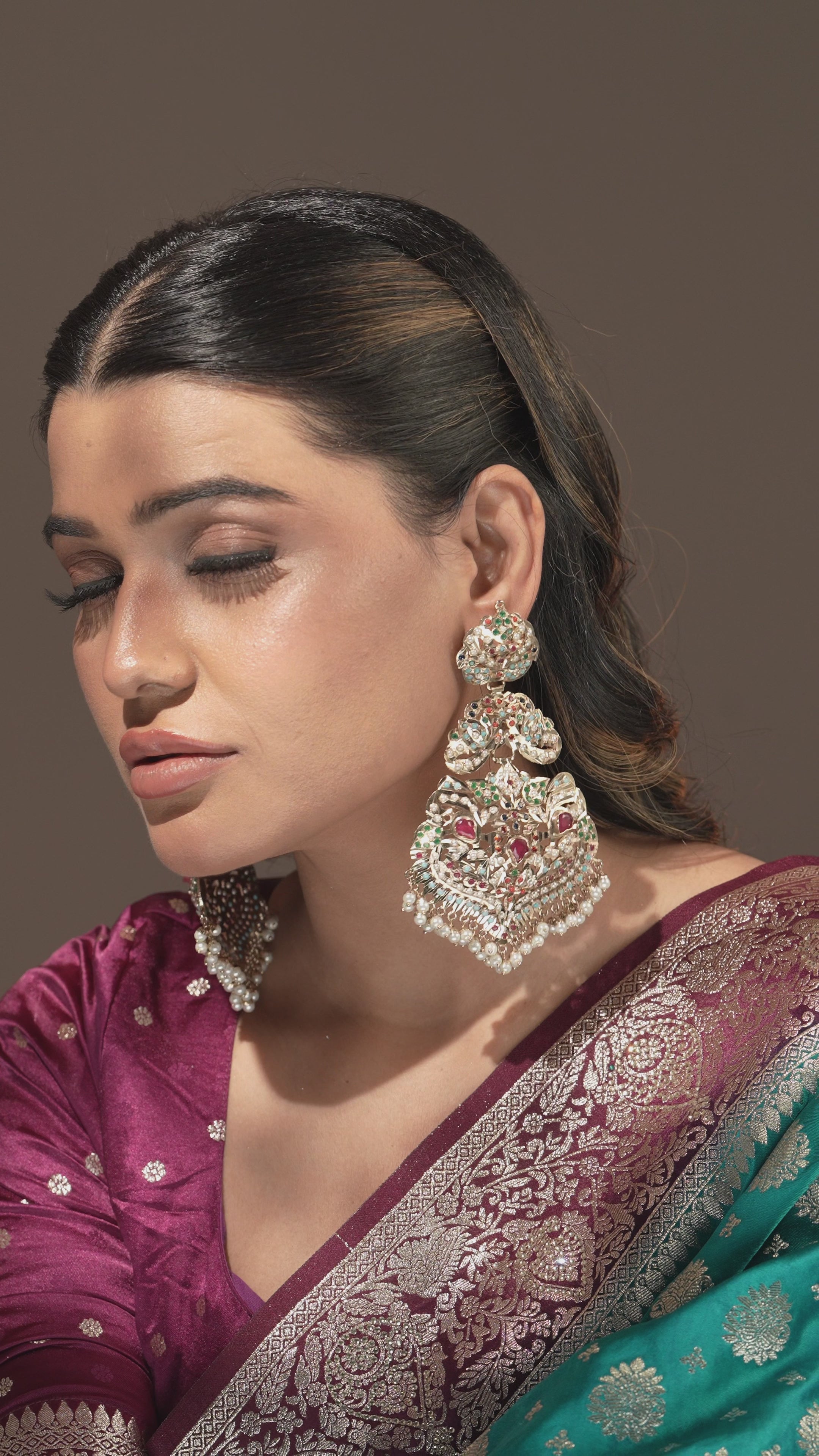 Regal handmade Jadau Pearl‑Fringe Chandelier Earrings