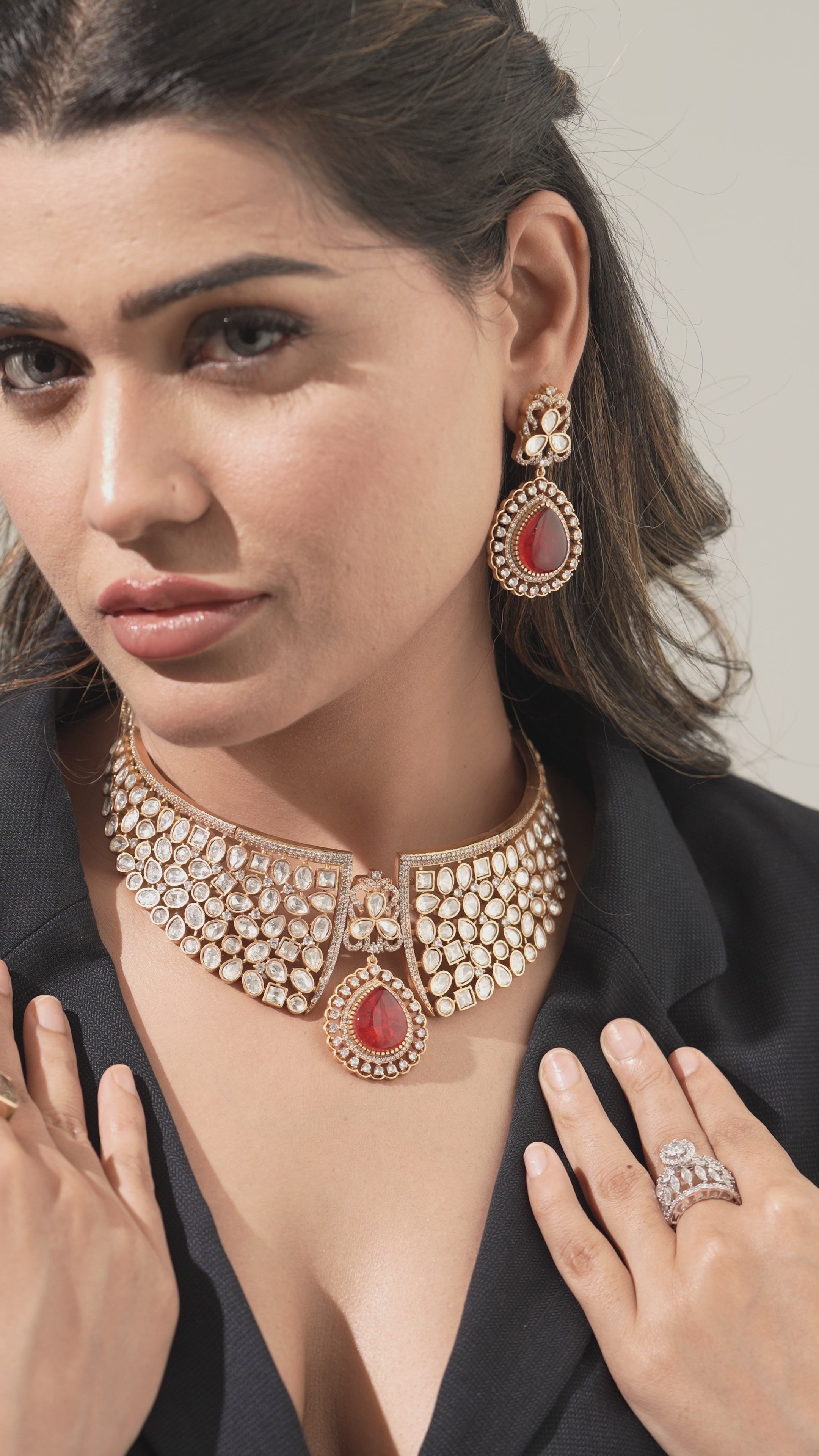 Ruby Flame Gold Bridal Choker Set – Red Stone Highlight
