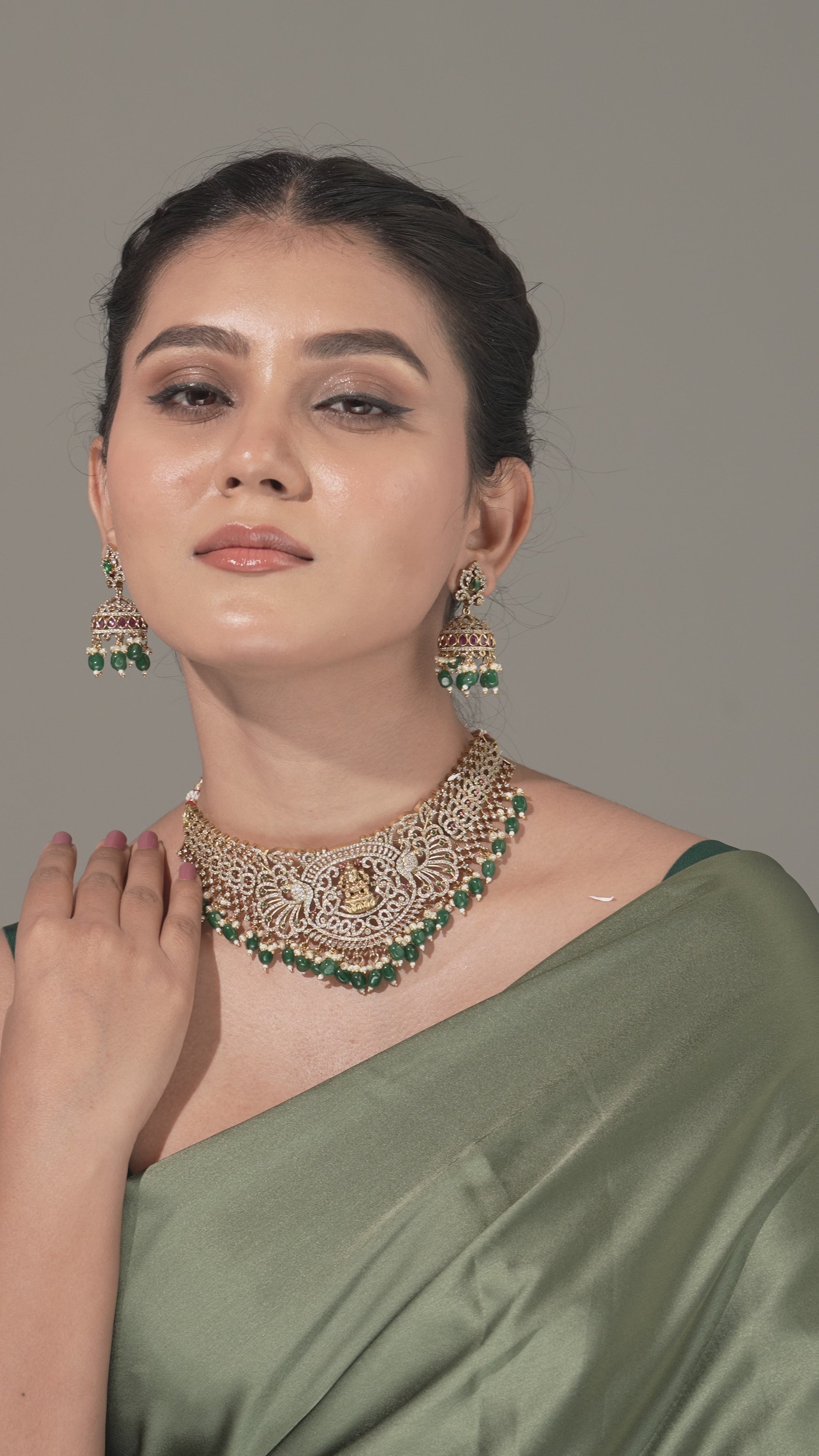 Temple Goddess CZ Adjustable Choker Necklace with Emerald Bead Drops