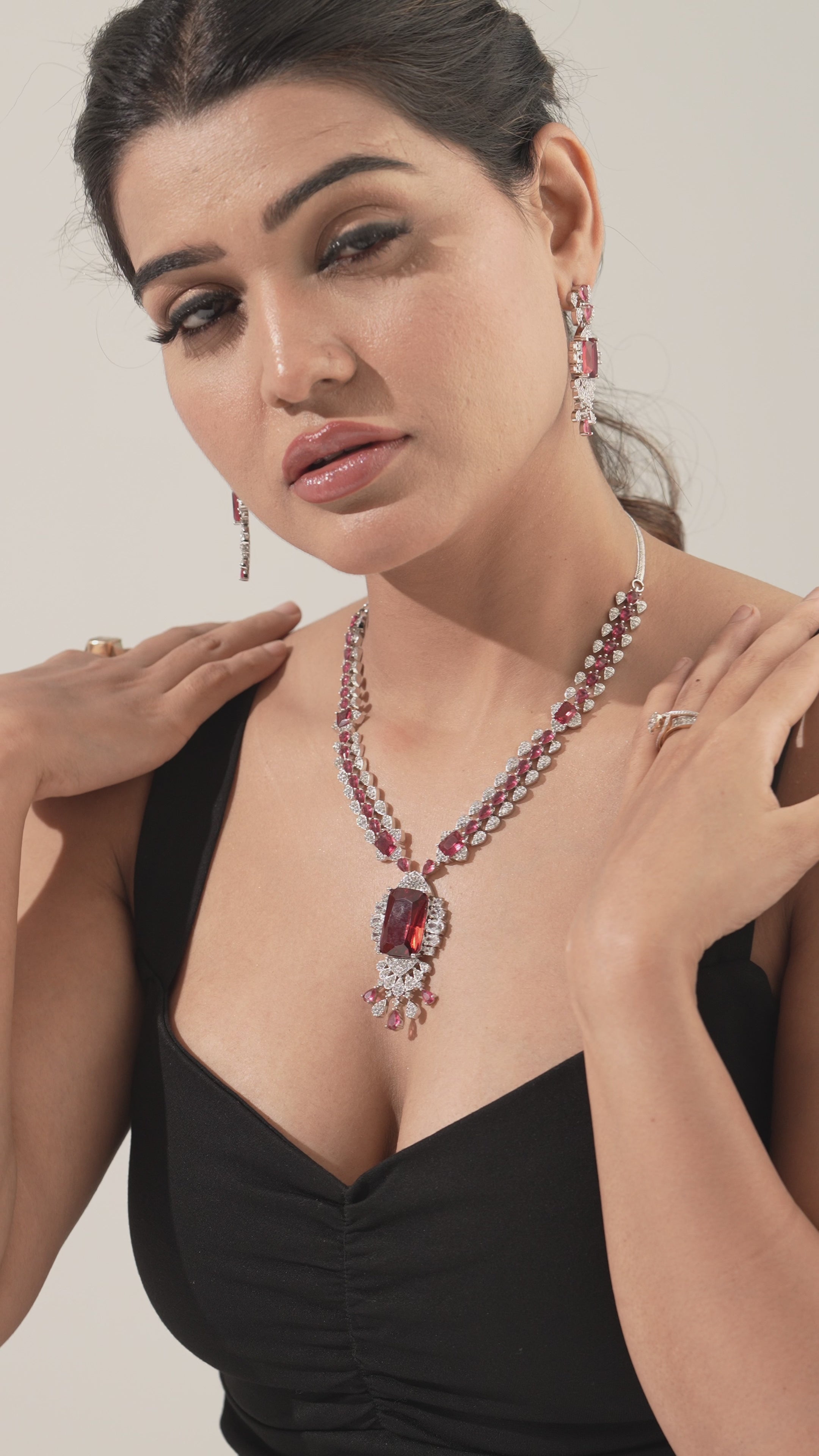 Ruby Radiance Statement Necklace & Earring Set