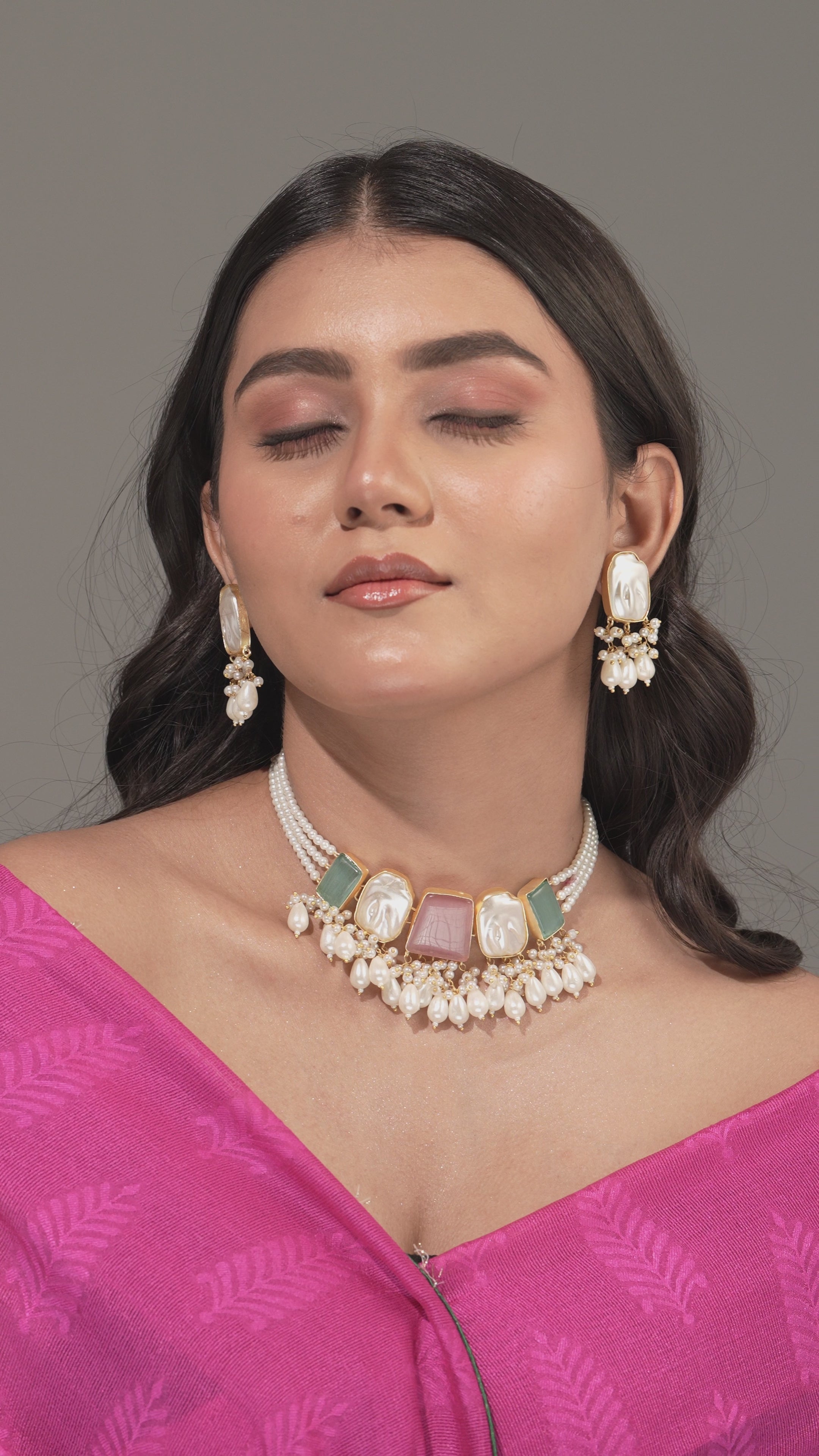 Rose Quartz & Aqua Aventurine Pearl Cascade Handmade Choker Set