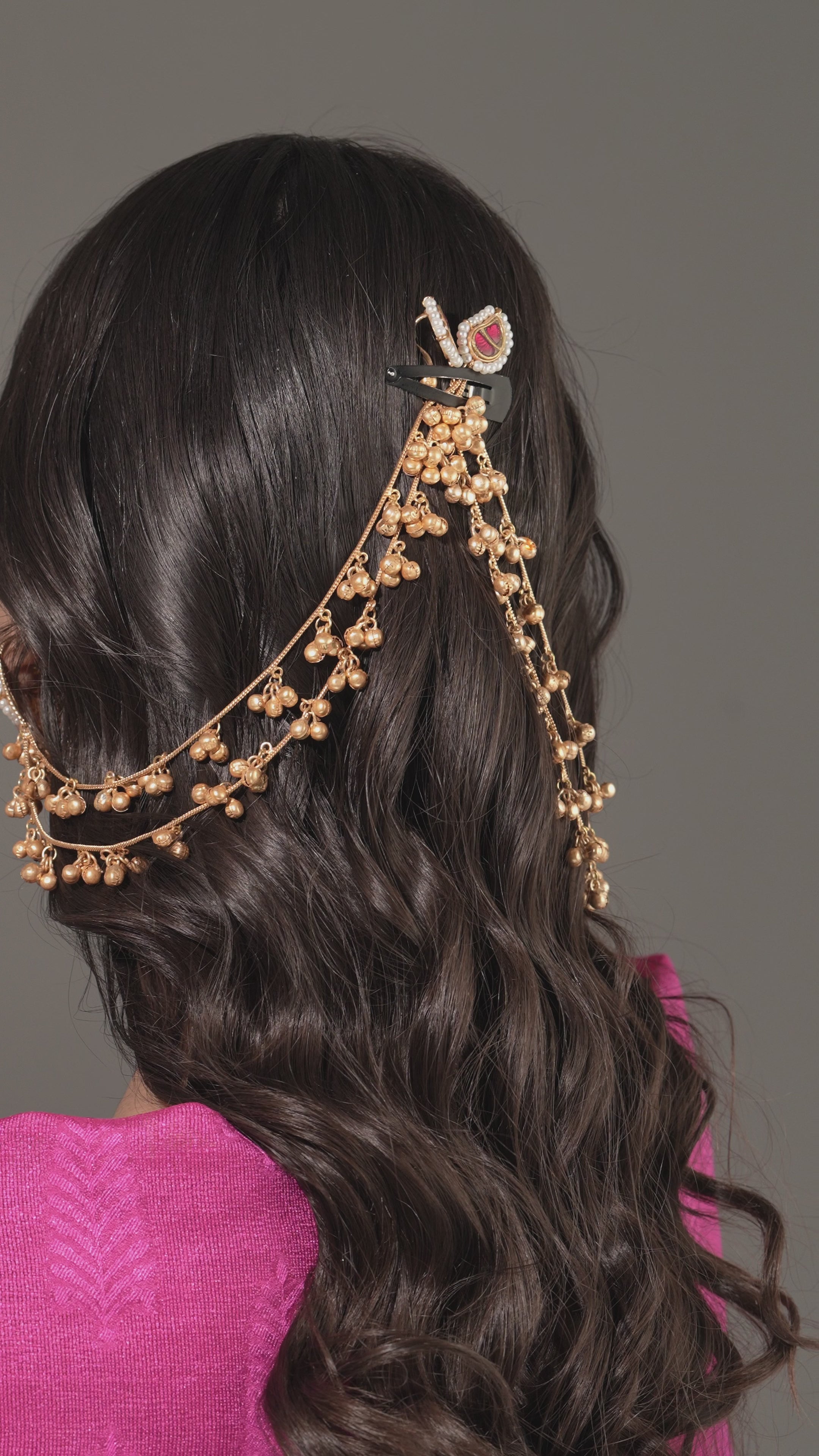 Handmade Unique Gold-Plated Temple Ear Tops with Double Layer Bead Chain – Rose Pink Stone Centerpiece