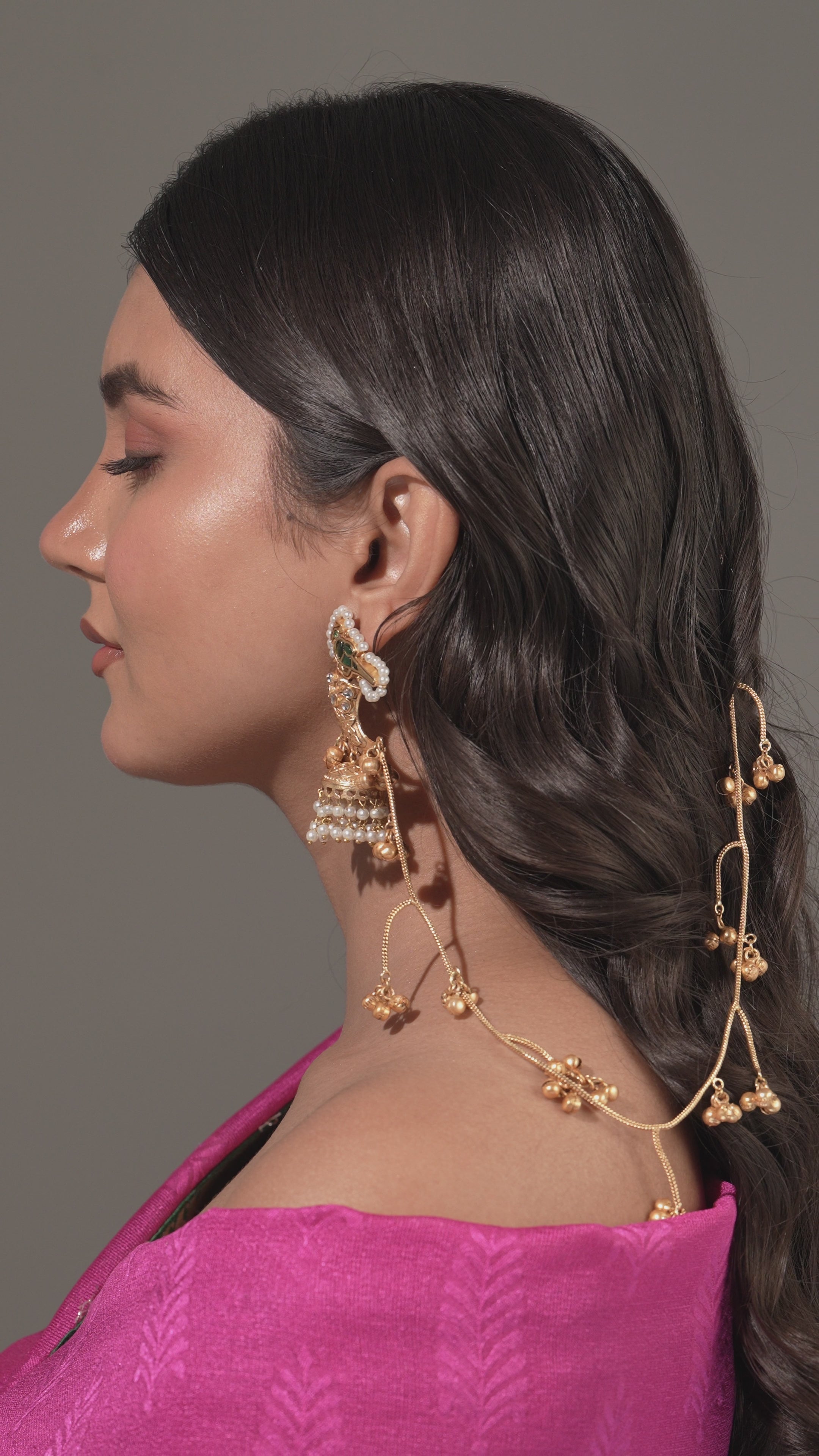 Handmade Unique Gold-Plated Temple Ear Tops with Double Layer Bead Chain – Rose Pink Stone Centerpiece