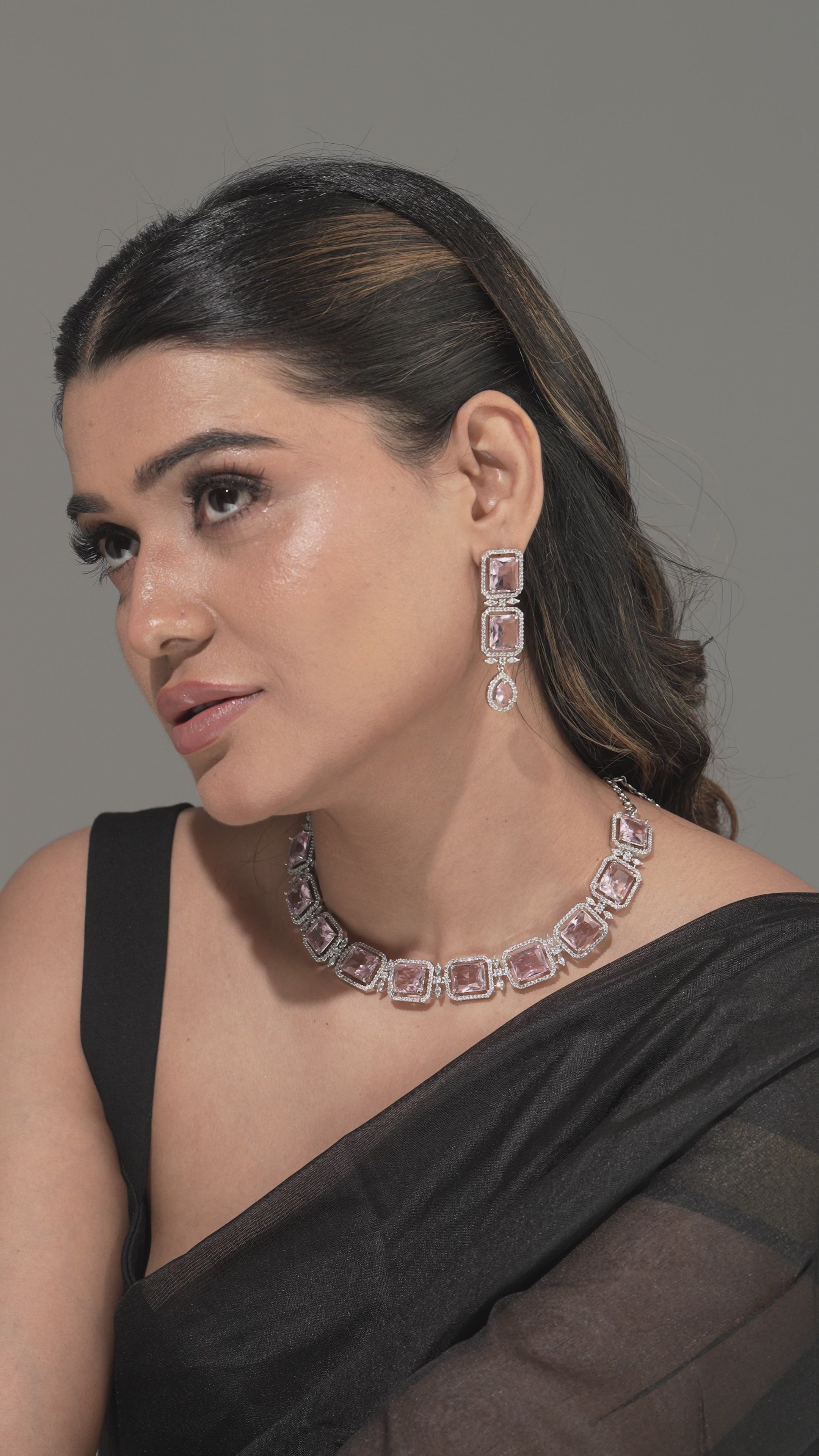 Radiant Square-Cut Pink Stone Necklace with Matching Drops