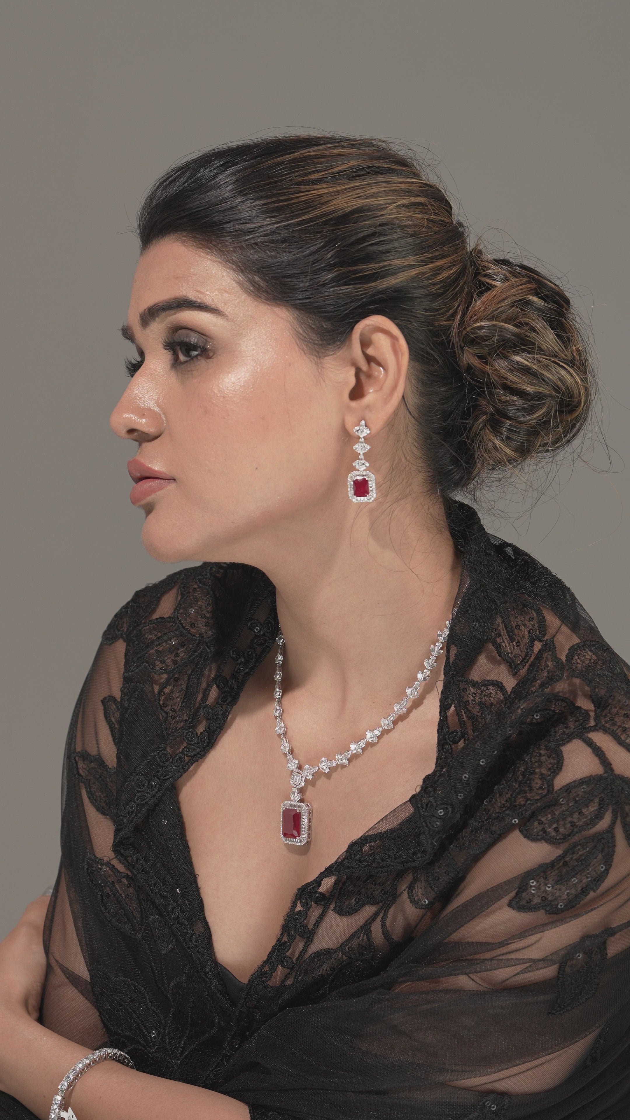 Ruby Red Emerald-Cut CZ Swarovski Elements Necklace & Earrings Set – Premium Statement Jewelry