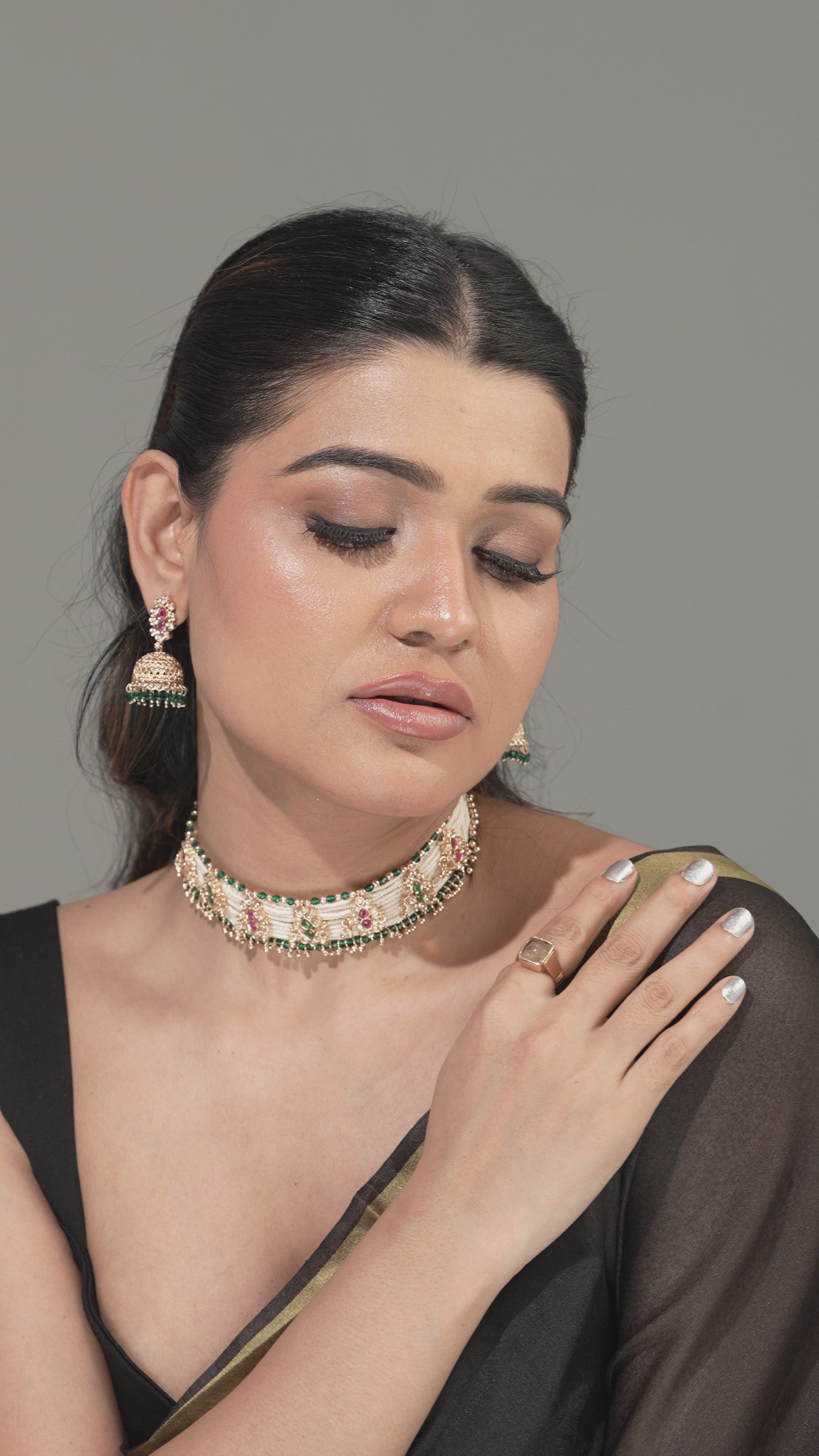 Pirohi Multi Strand Seed Bead Choker & Floral Jhumka Earrings Set