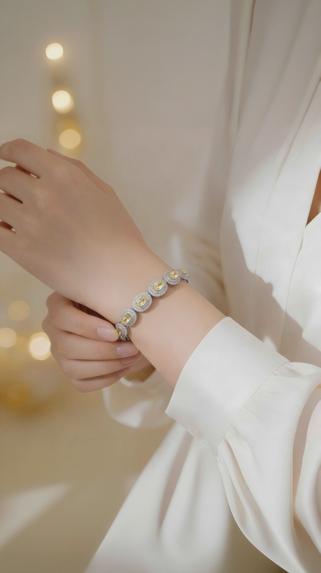 Oval Yellow Sapphire Silver Plated Cubic Zirconia Openable Tennis Bracelet