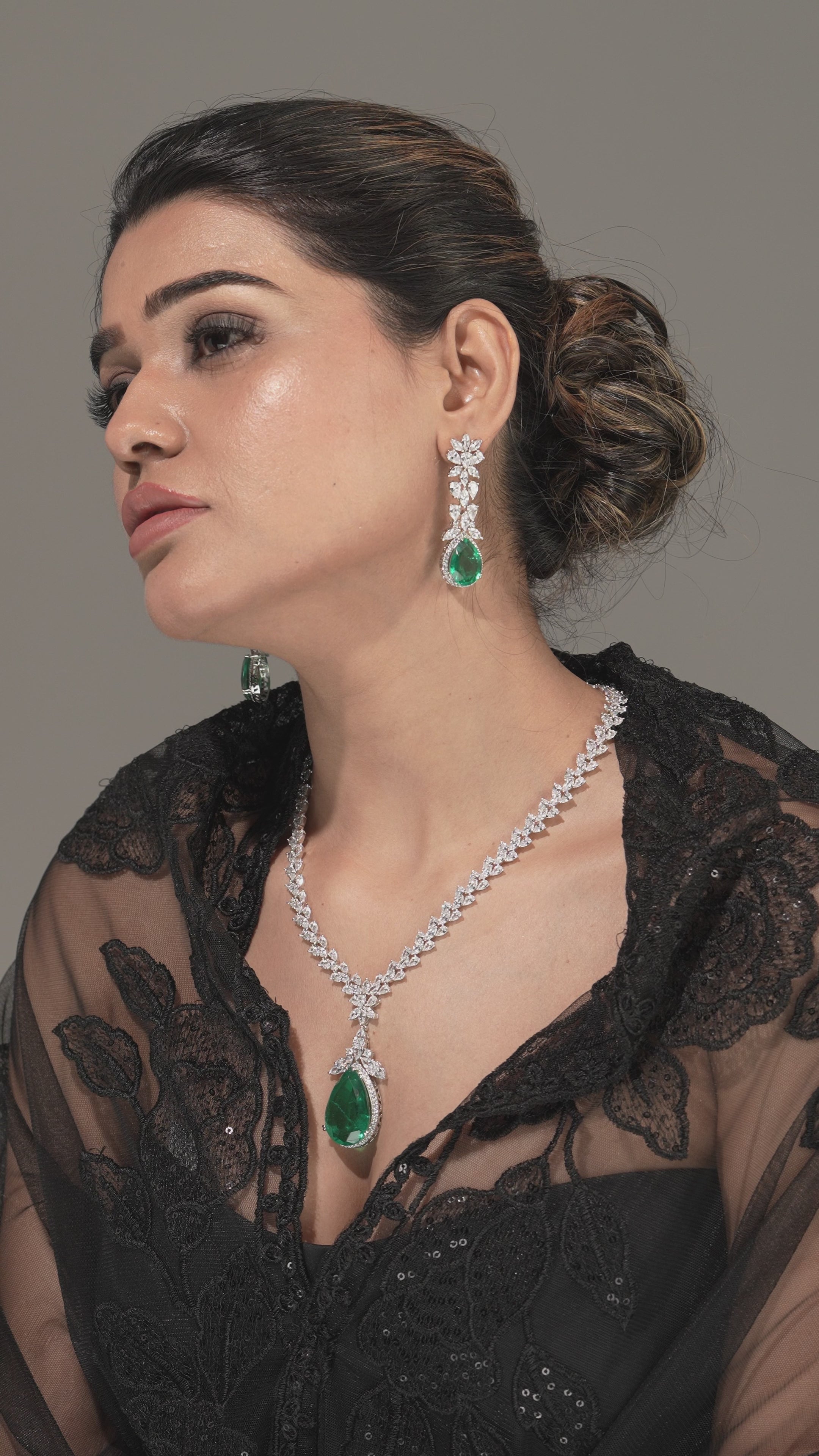Emeral Cascade CZ Swarovski Elements Necklace & Earrings Set – Premium Statement Jewelry