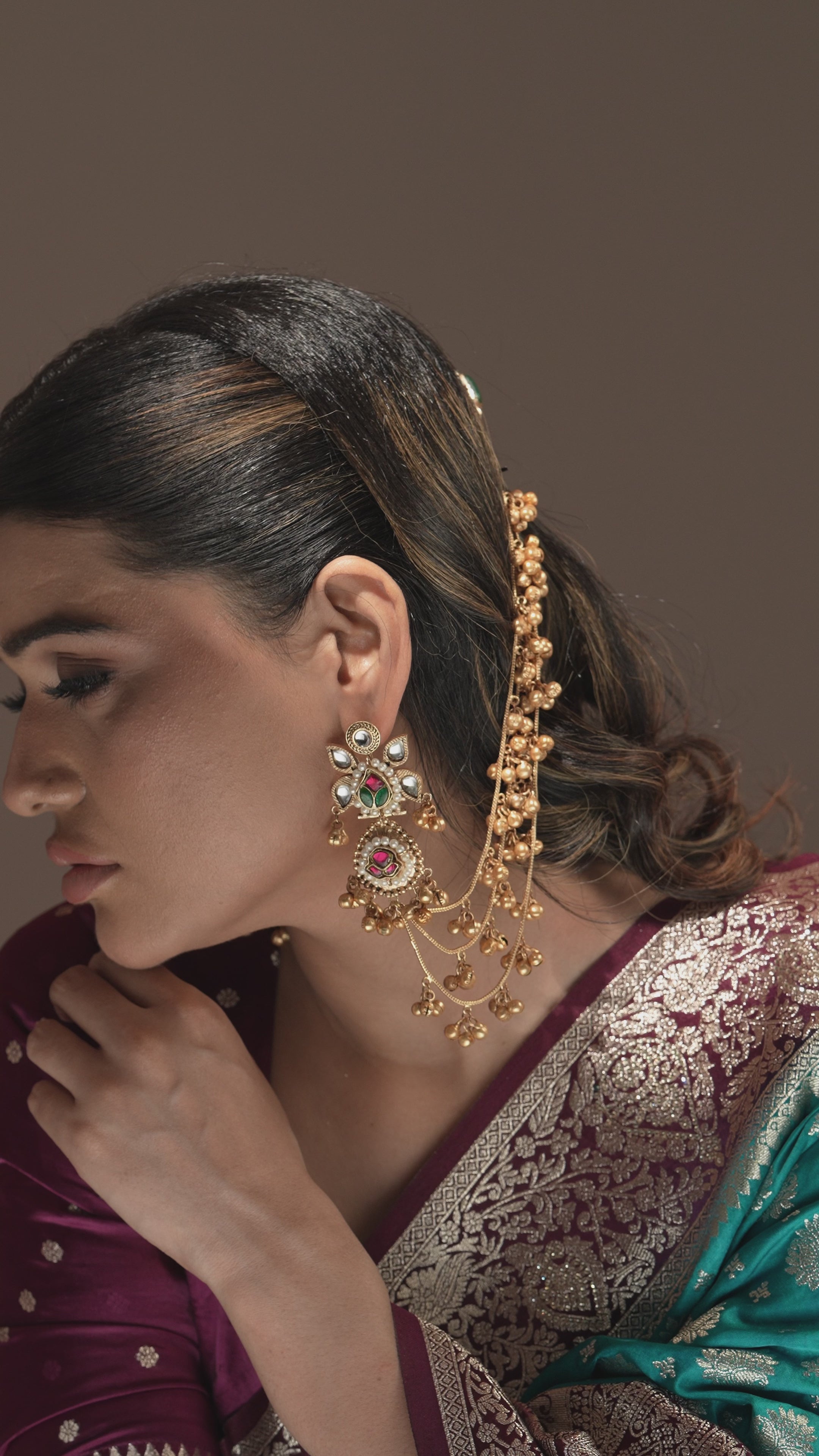 Handmade Gold-Plated Temple Ear Tops with Chain – Red & Green Stone Floral Design