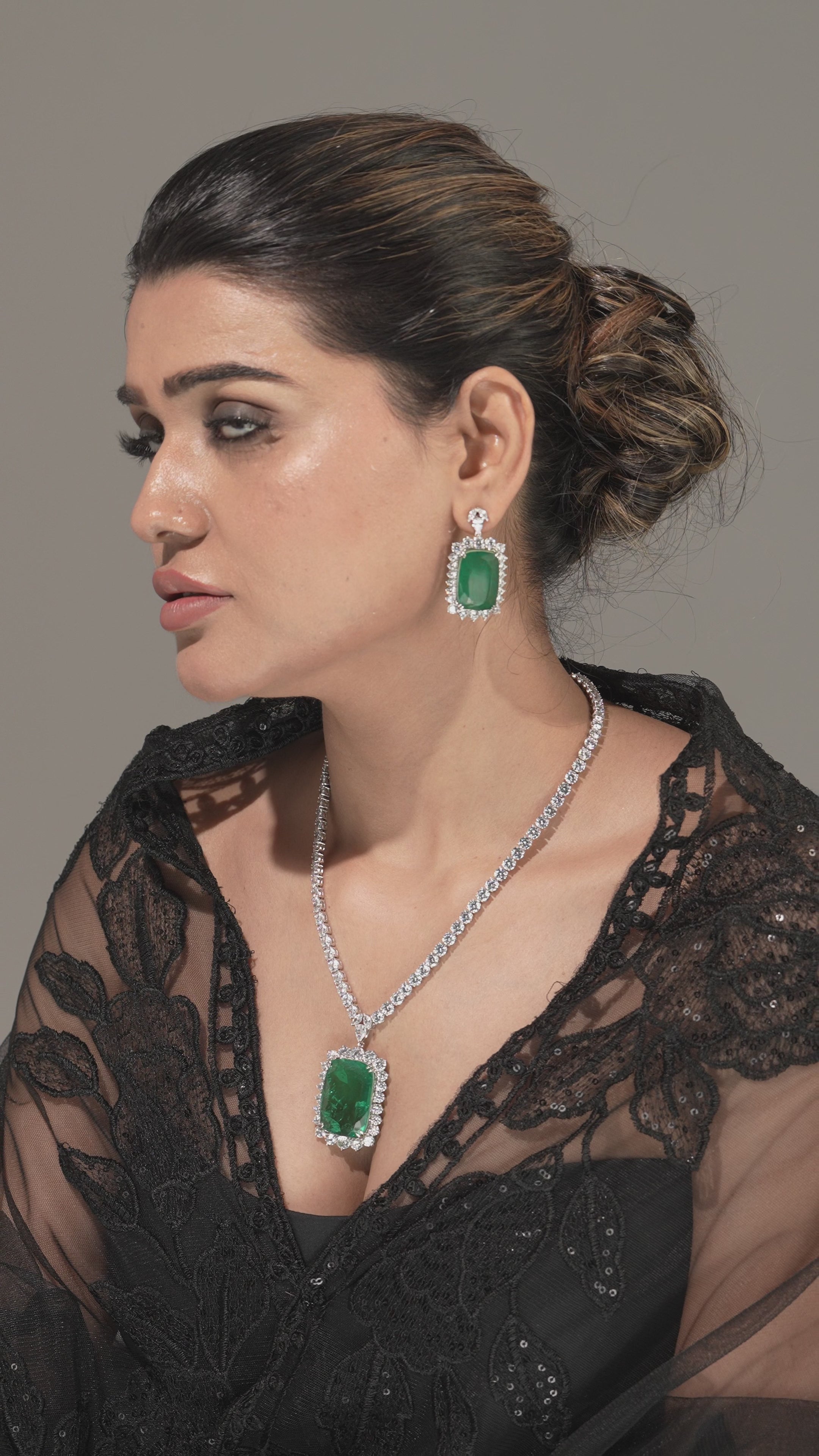 Emerald Majesty Halo Necklace & Earring Set