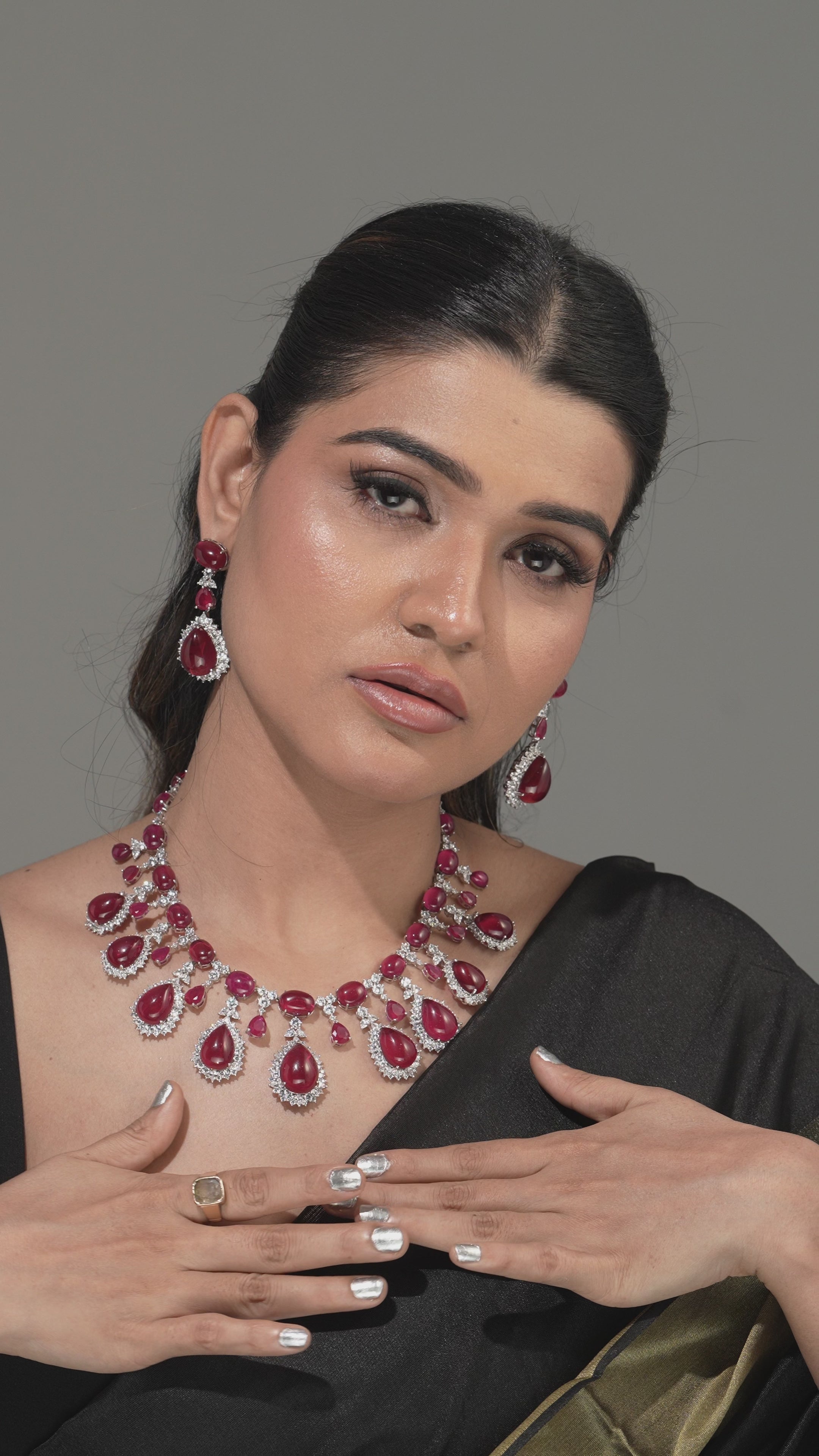 Regal Ruby Teardrop CZ ( Swarovski Elements)  Necklace & Earrings Set – Bridal Statement Jewelry