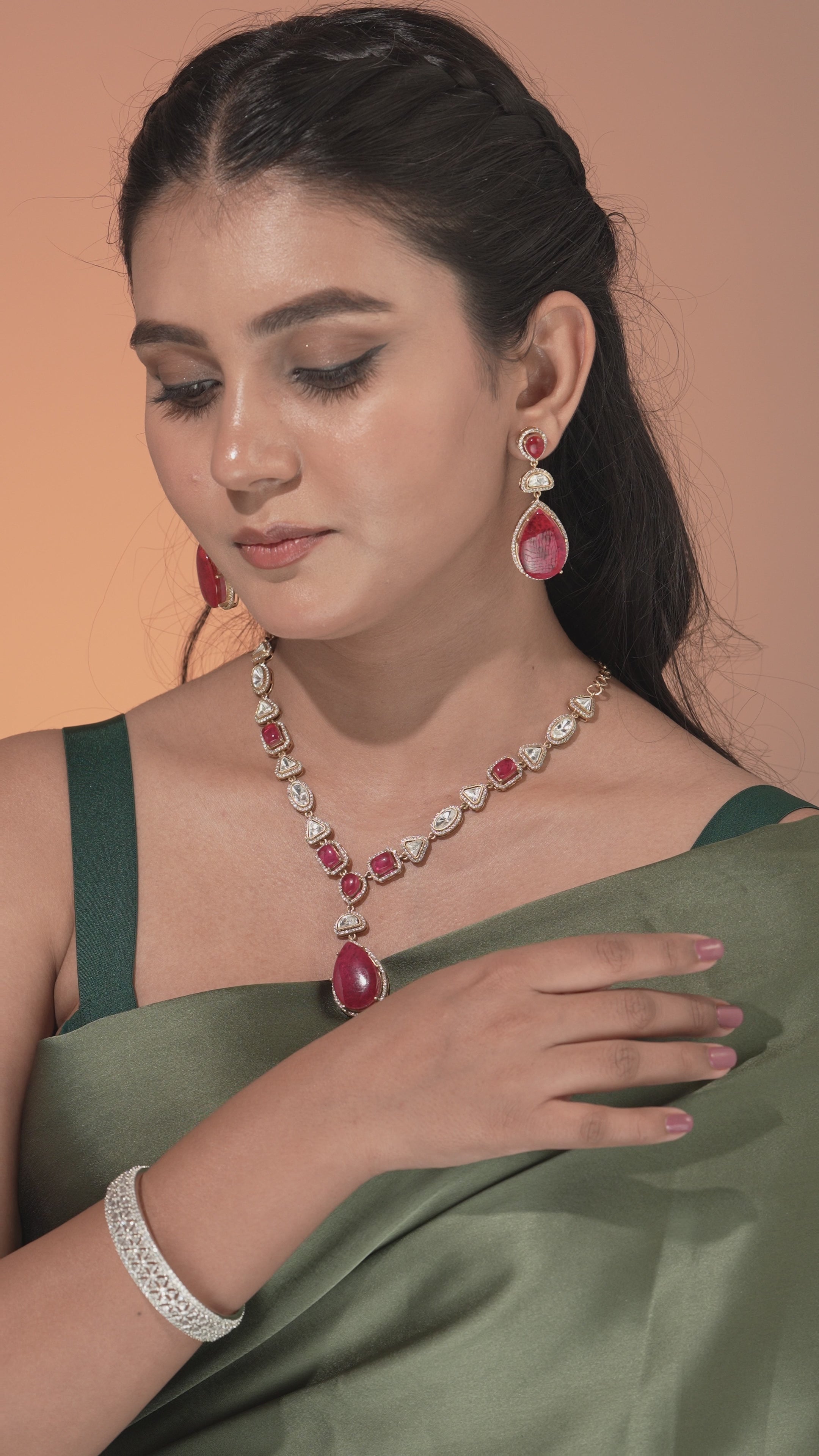 Fuchsia Fantasy Gold‑Tone Teardrop Necklace with Matching Earrings