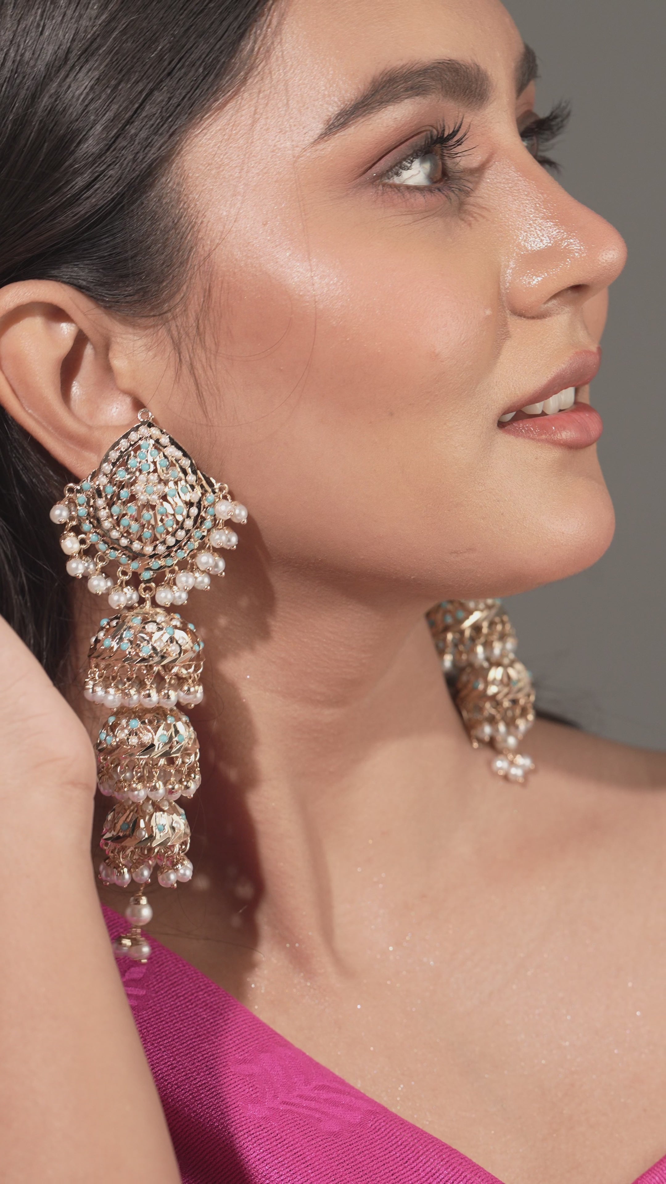Azure Elegance Turquoise ( Firoza)  Handmade Jhumkas with Pearl Detailing
