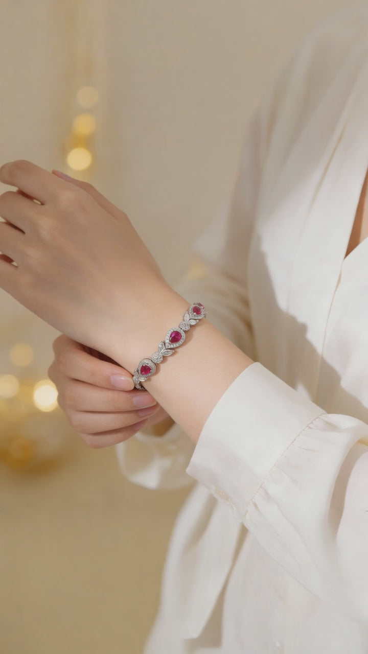 Silver Plated Ruby Pear Cubic Zirconia Floral Emerald Bracelet