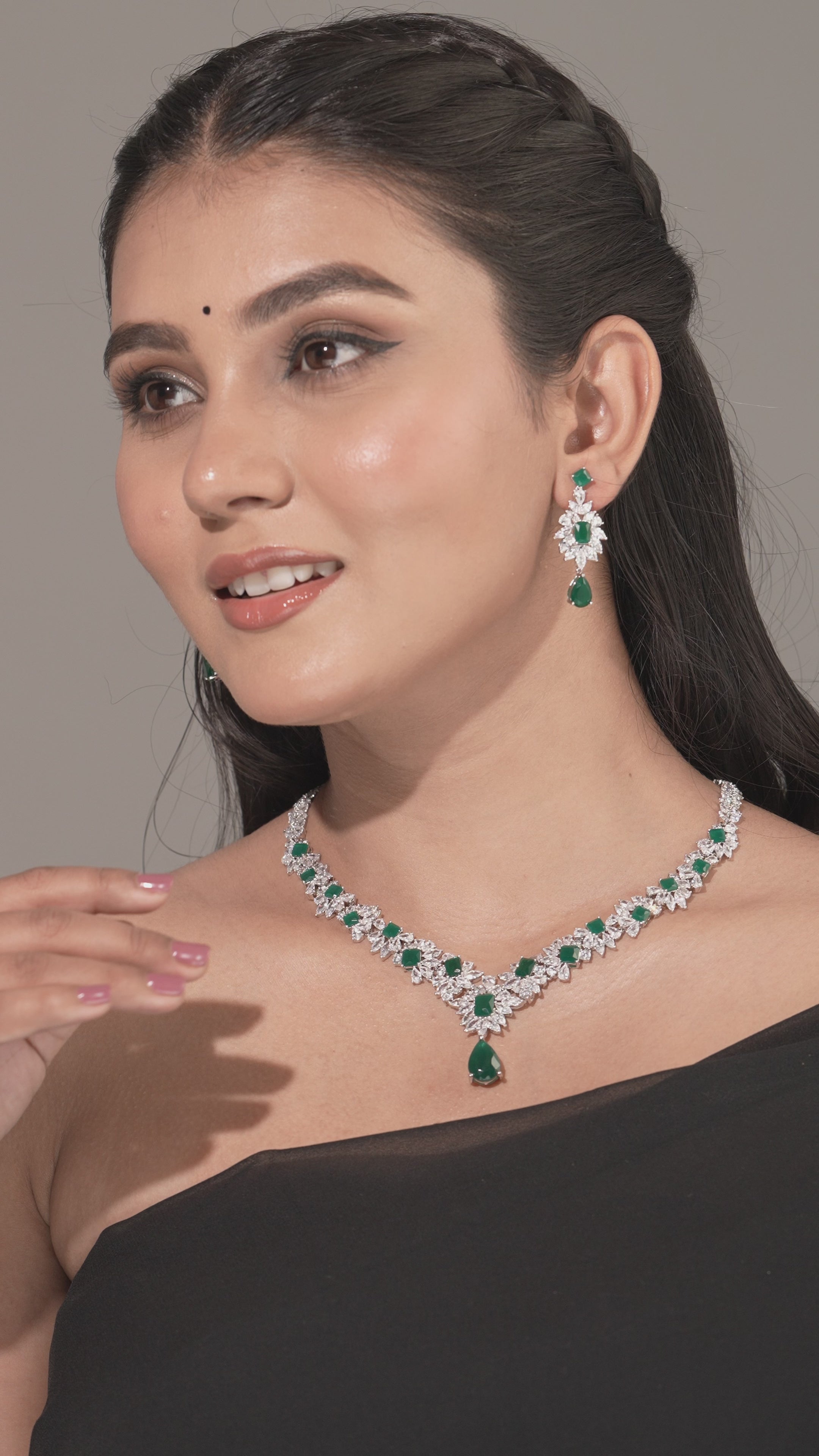Emerald Princess Cut Halo Necklace & Earring Set