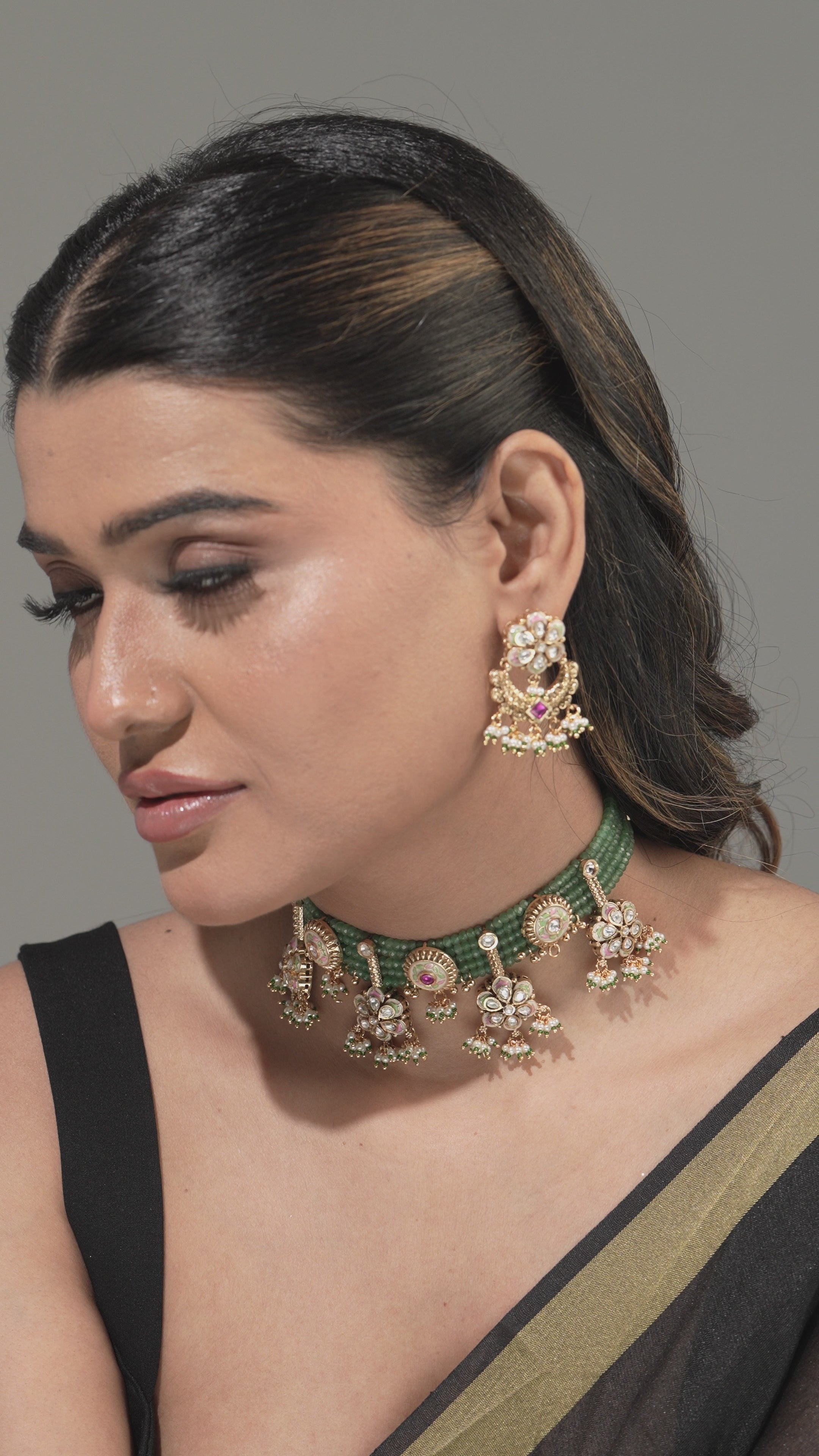 Heritage Festive Kundan Choker Necklace with Green Beads & Statement Earrings