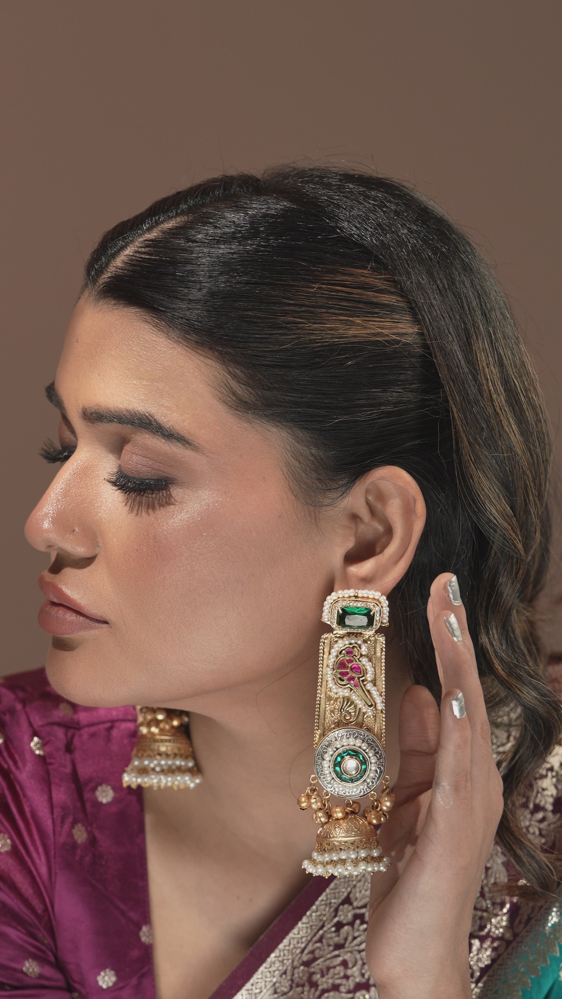 Handmade Dual-Tone Temple Ear Tops with Chain – Green & Red Stone Embellishment