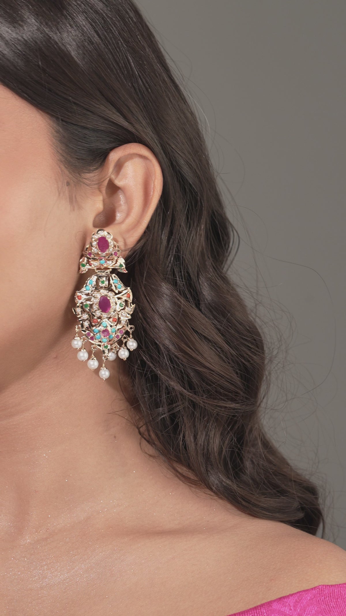 Nirali Antique Gold Plated Multicolour Drop Pearl Earrings