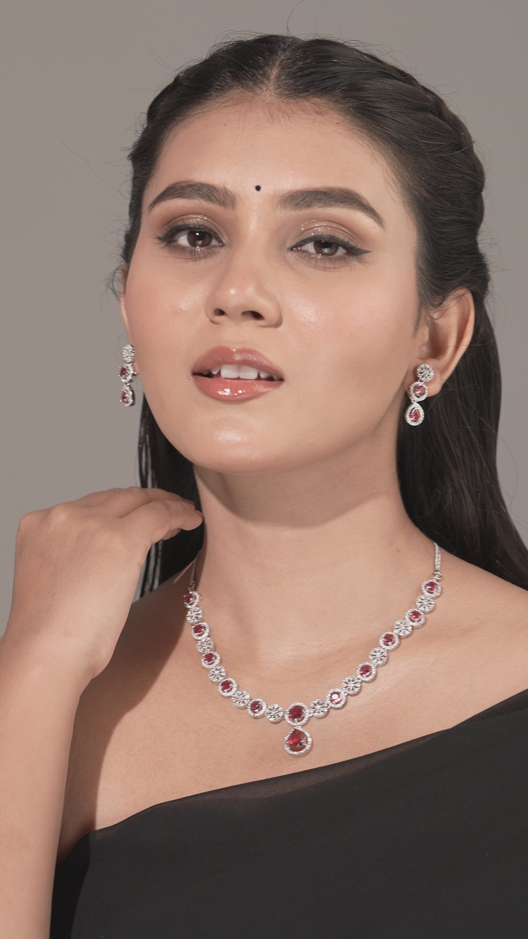 Ruby Floral Halo Necklace & Earring Set