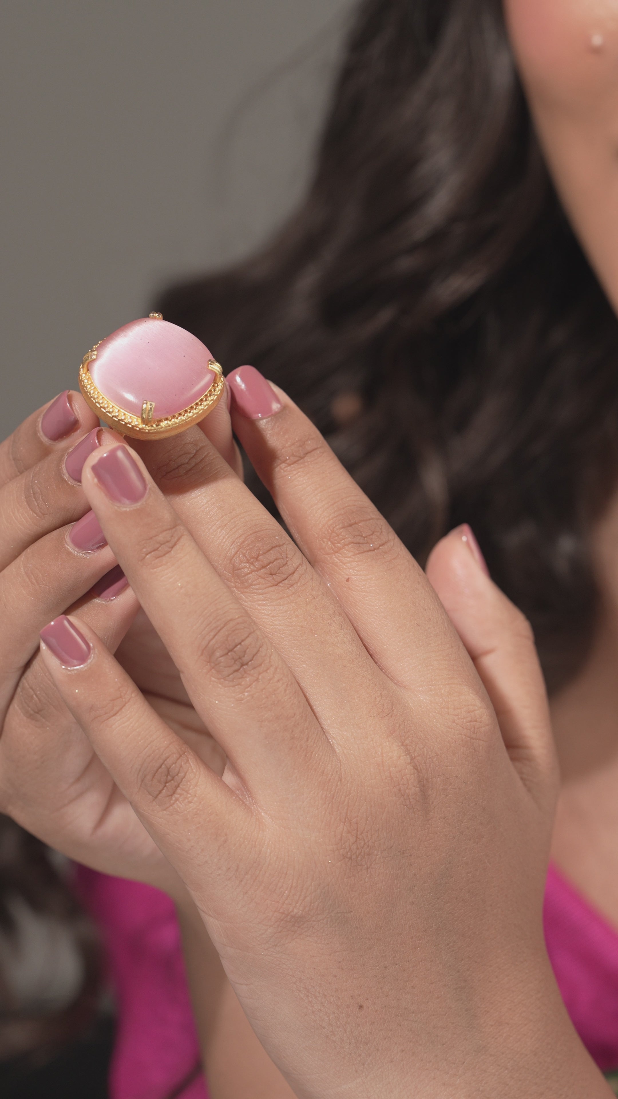 Natural Rose Quartz Stone Gold-Plated Adjustable Finger Ring