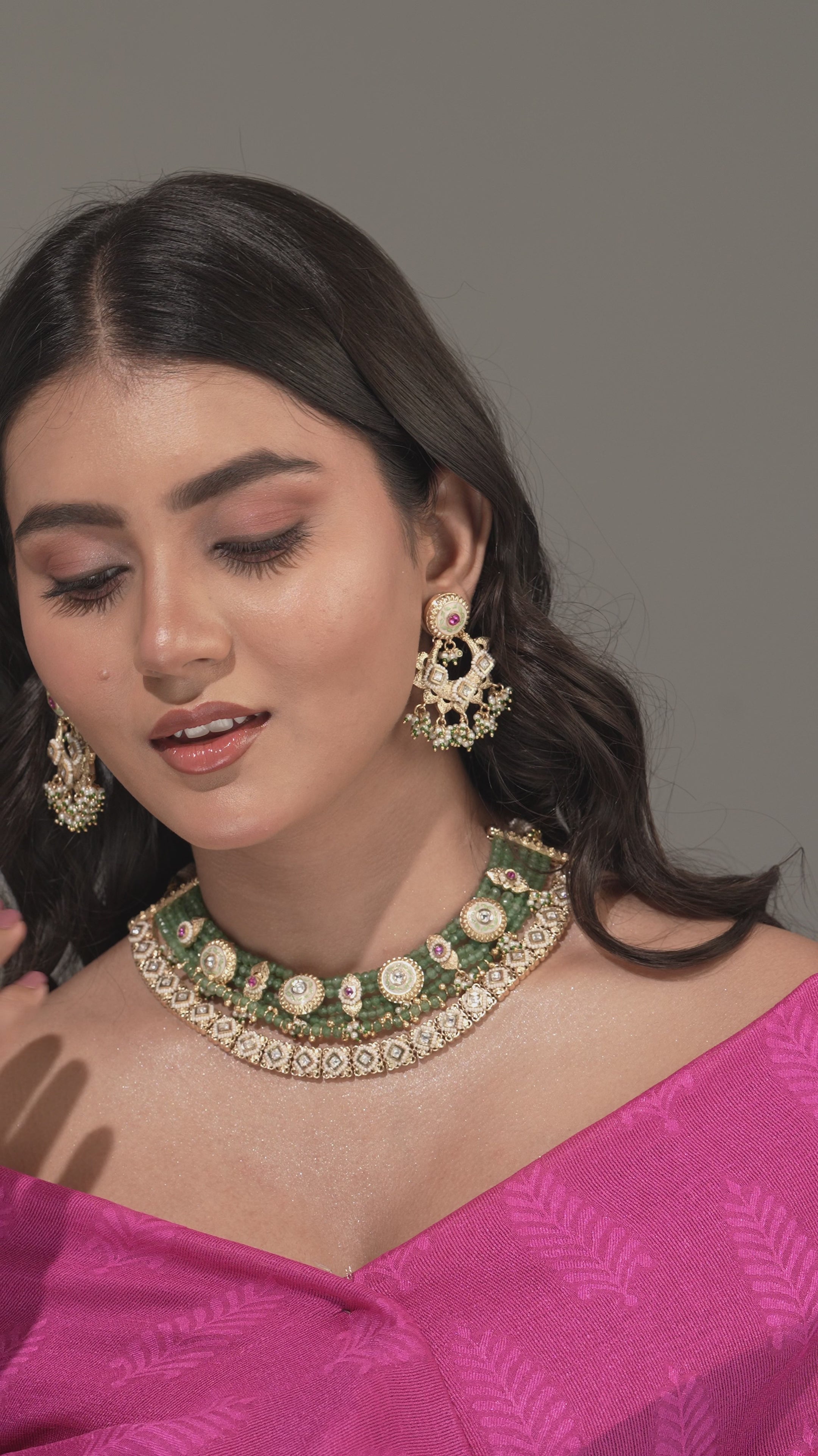 Heritage Kundan ( Meenakari) & Emerald Beaded Choker with Jhumka Earrings