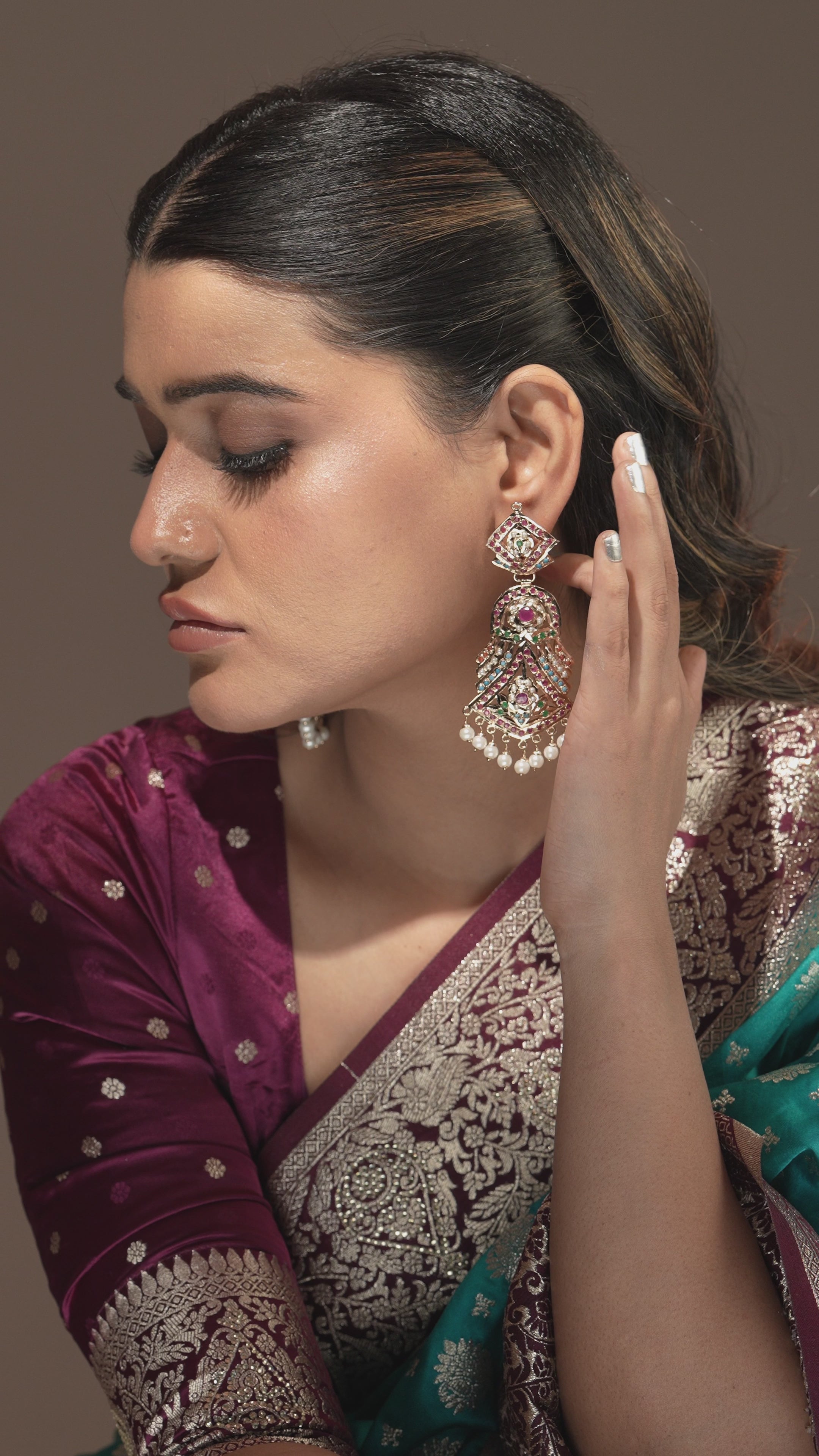 Handmade Jadau Opulent Semi precious stones Chandelier Earrings with  Pearl Fringe