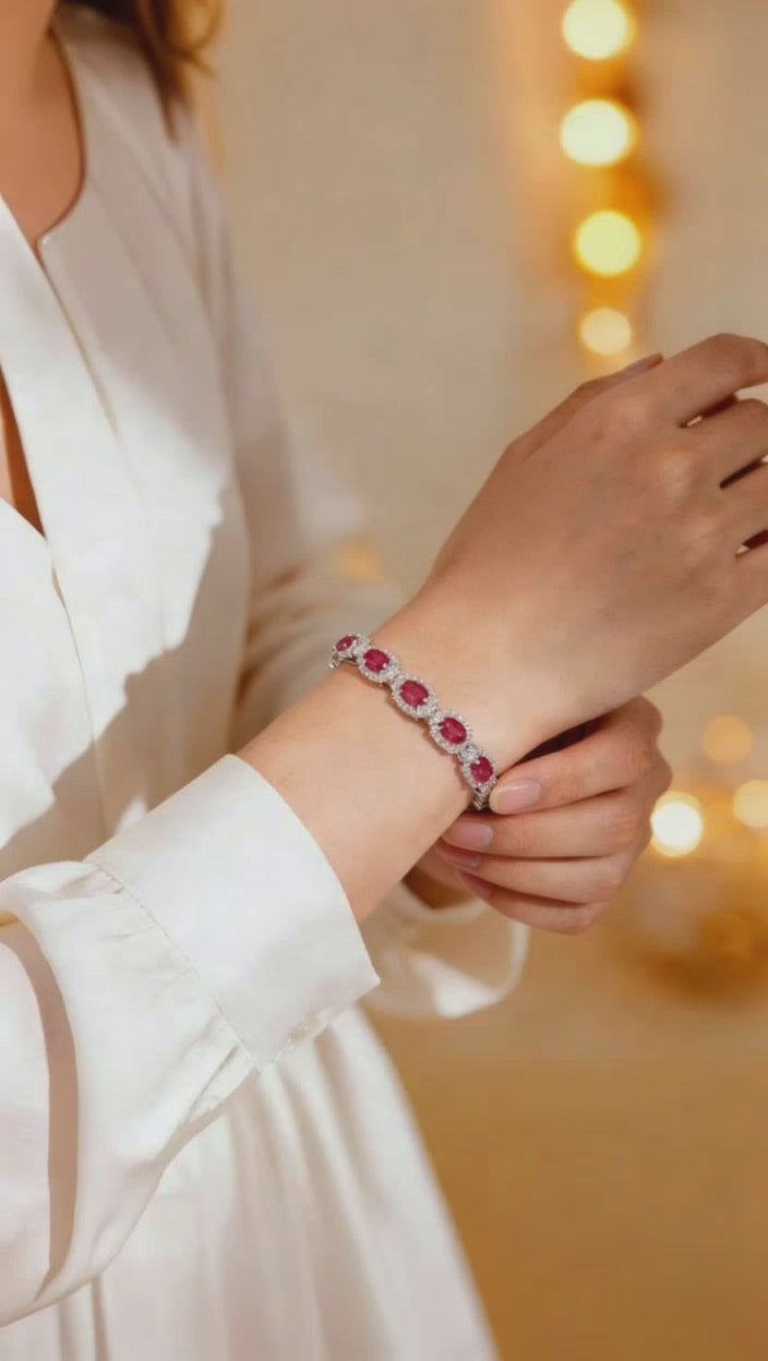 Oval Ruby Silver Plated Cubic Zirconia Openable Bracelet