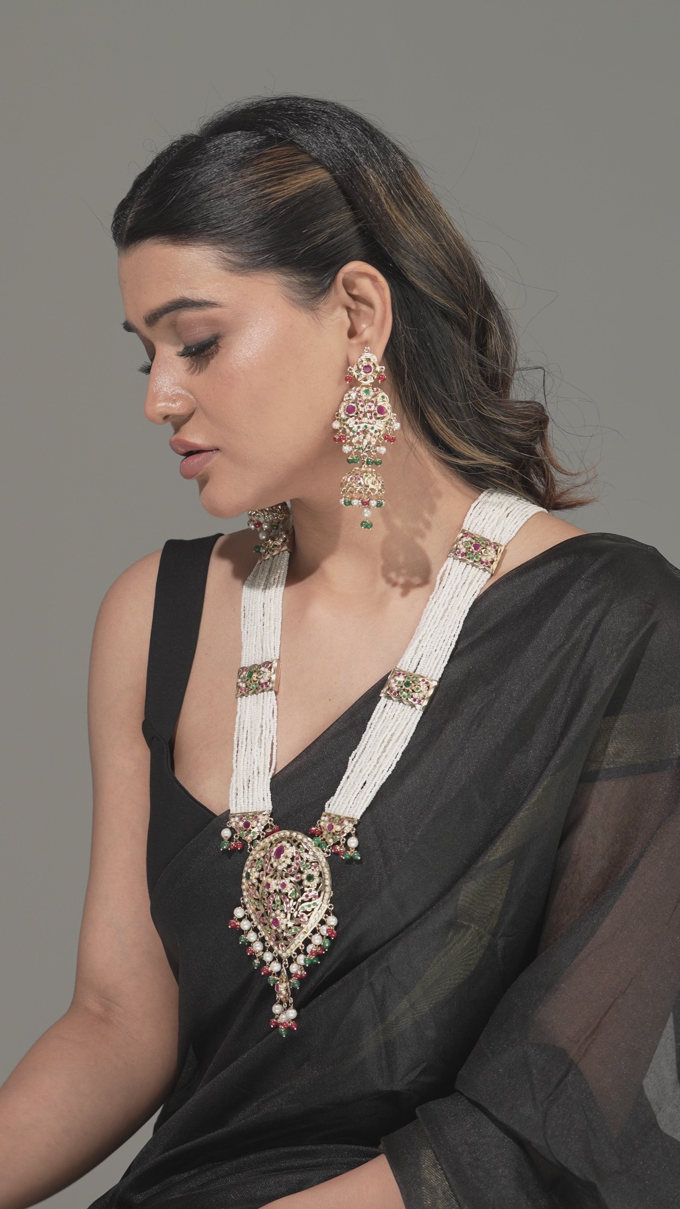 Heritage Handmade Jadau Necklace & Jhumka Earrings Set with Pirohi work