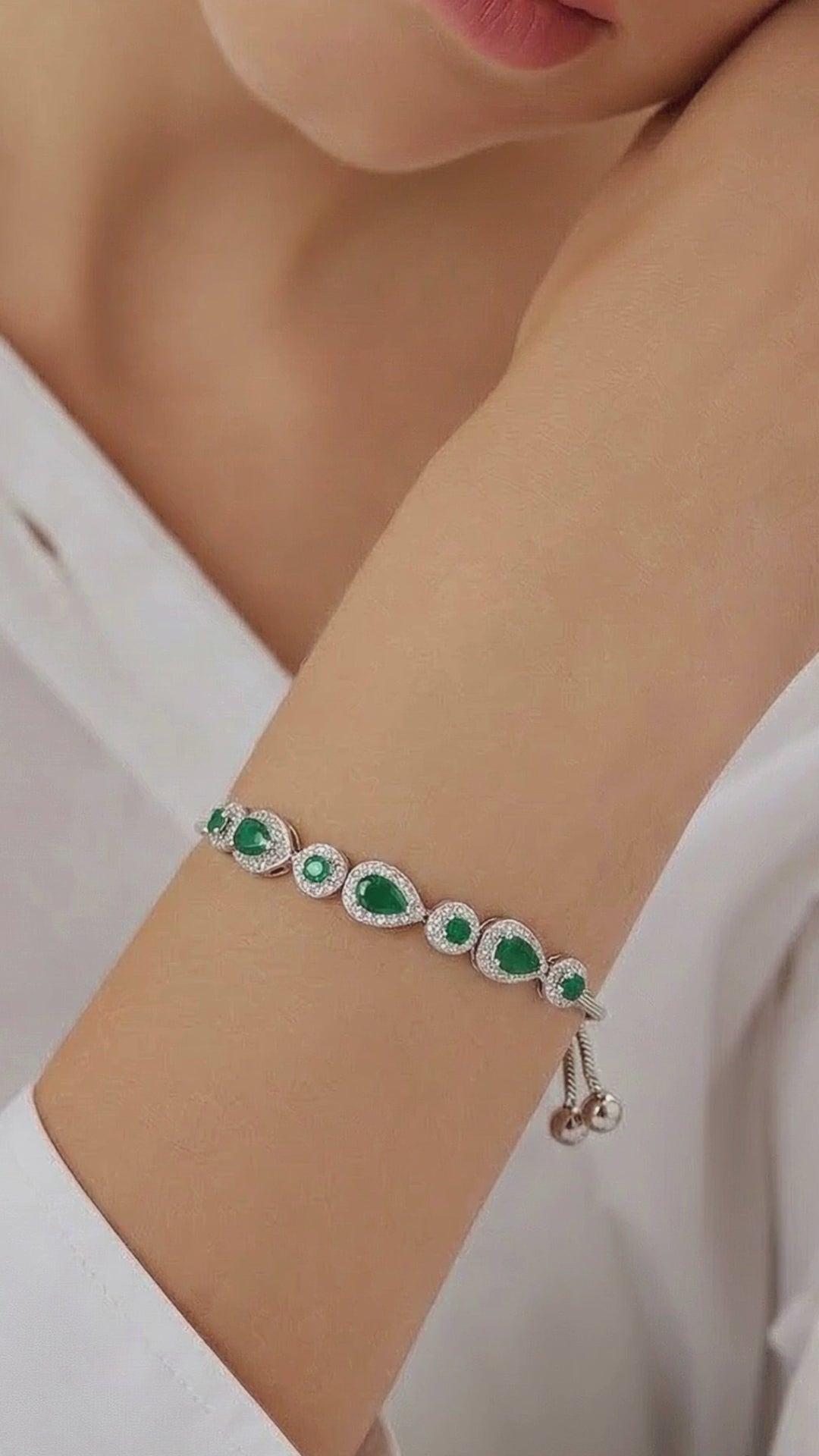 Sterling Silver Emerald Slider Cubic Zirconia Adjustable Bracelet