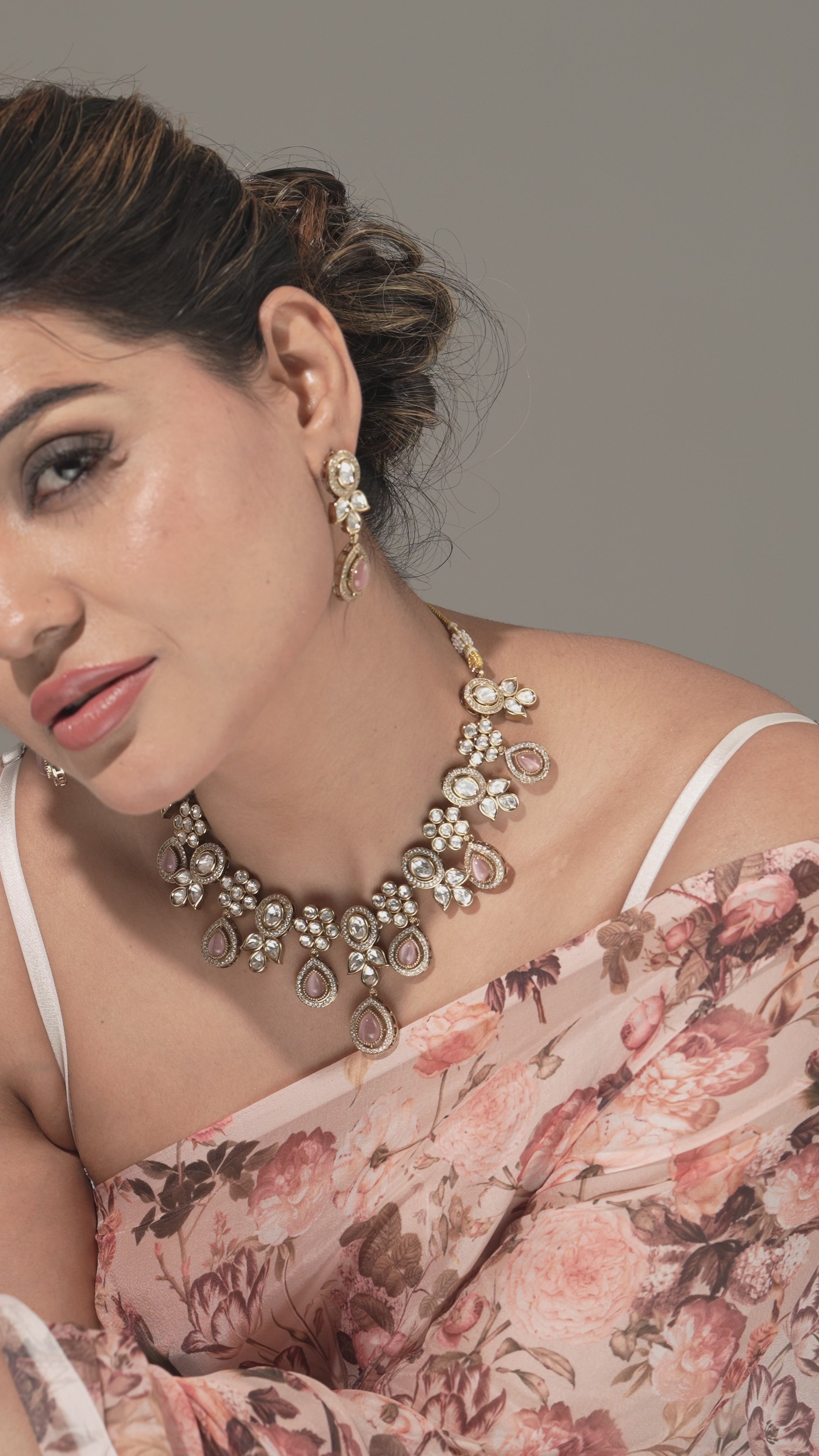Blush Bloom Pearl & CZ Kundan necklace & Earrings set