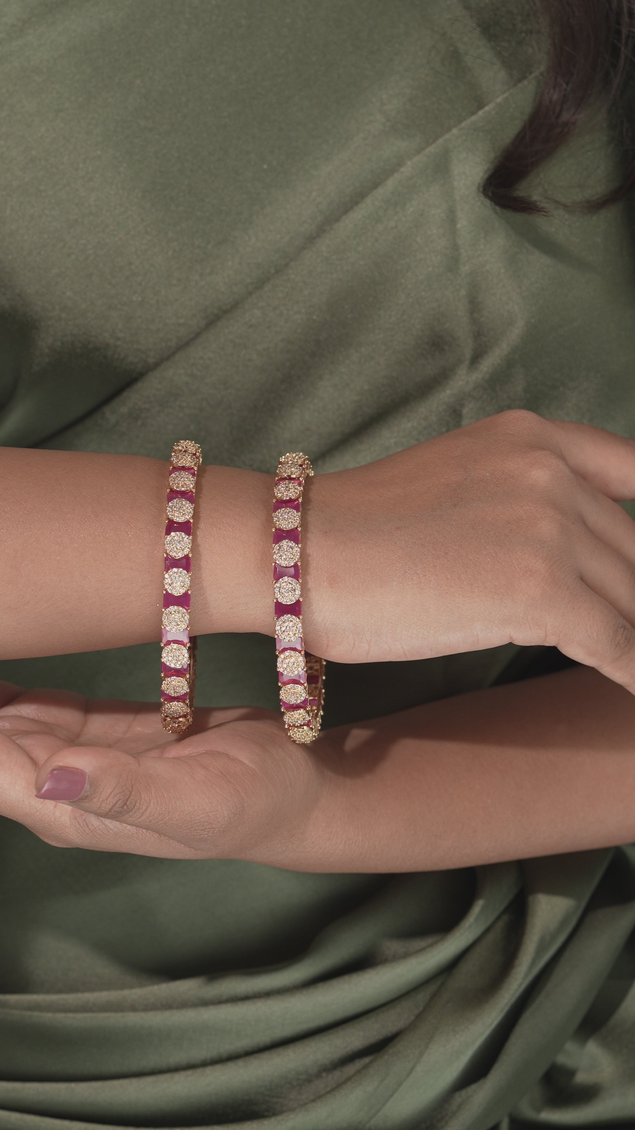 Elegant Gold-Plated Pacheli Bangles with Green Stone & CZ Detailing