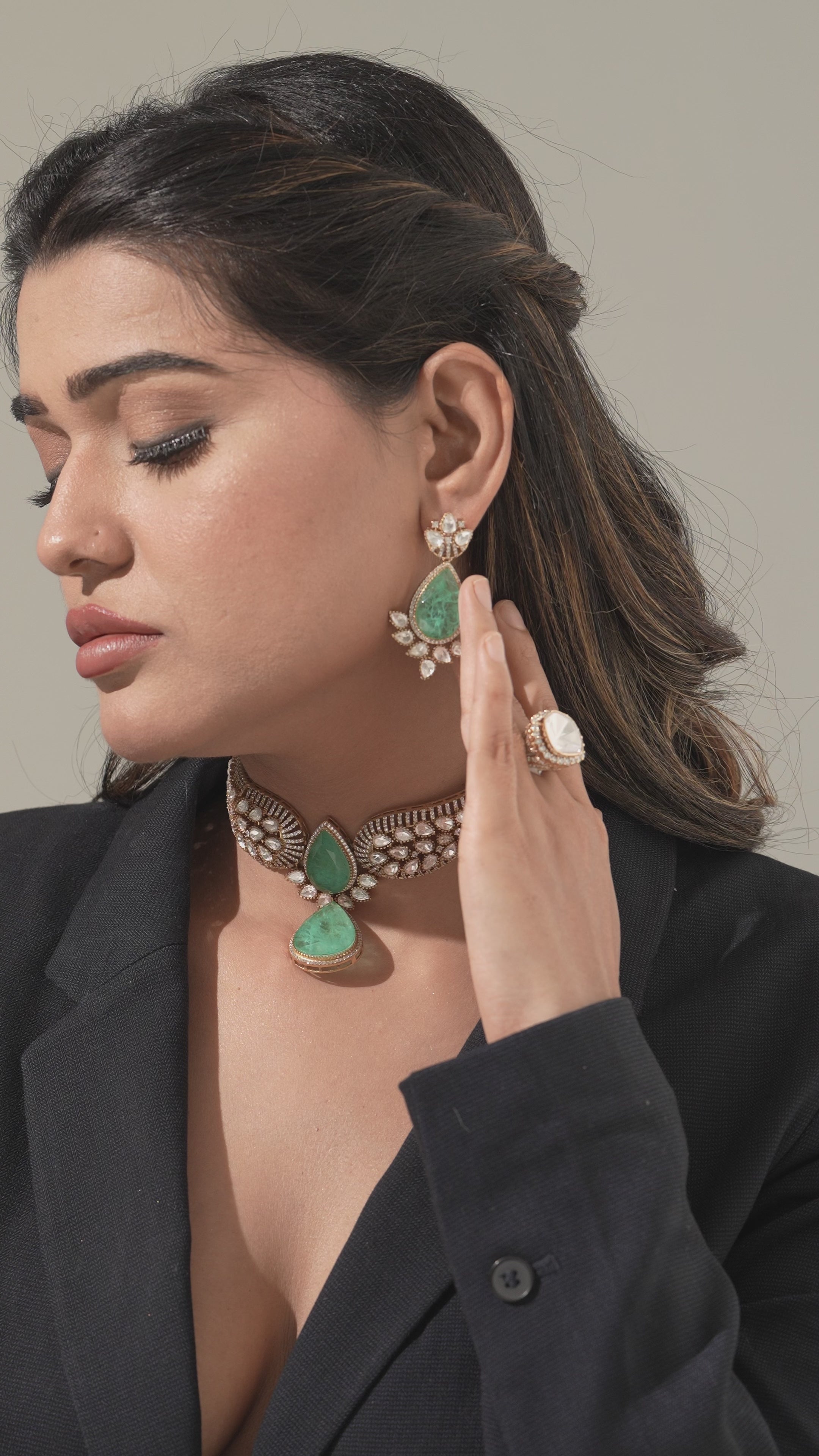 Emerald Green Teardrop Choker & Earrings Set with Crystal Detailing