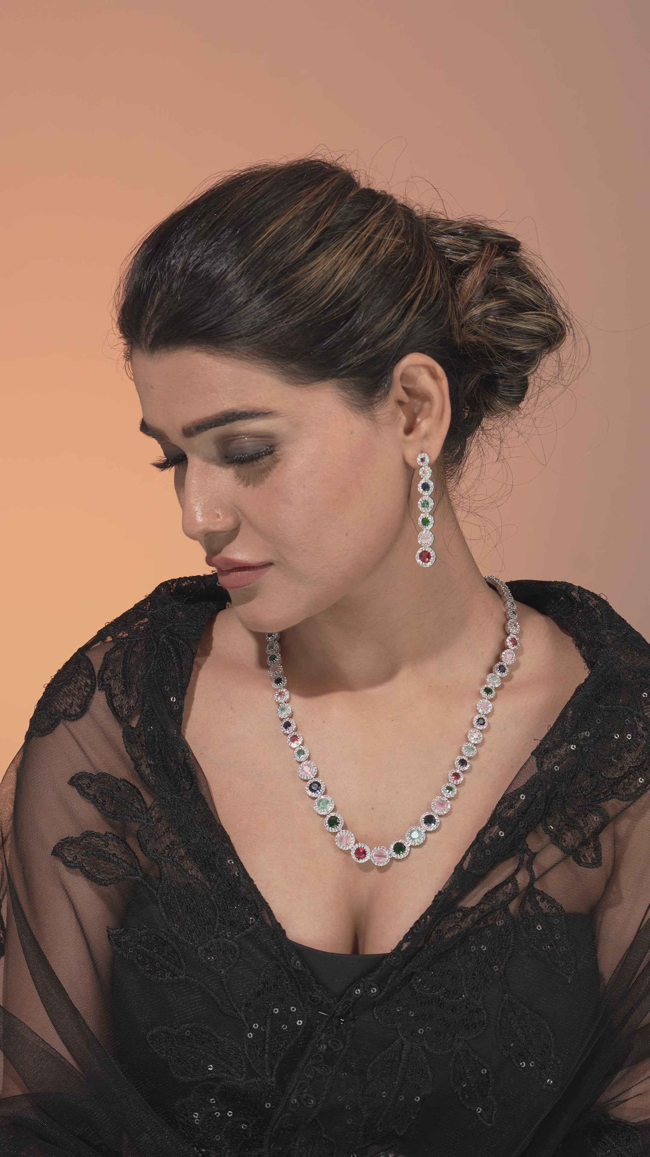Prismatic Radiance CZ Gem Halo Necklace & Earring Set.